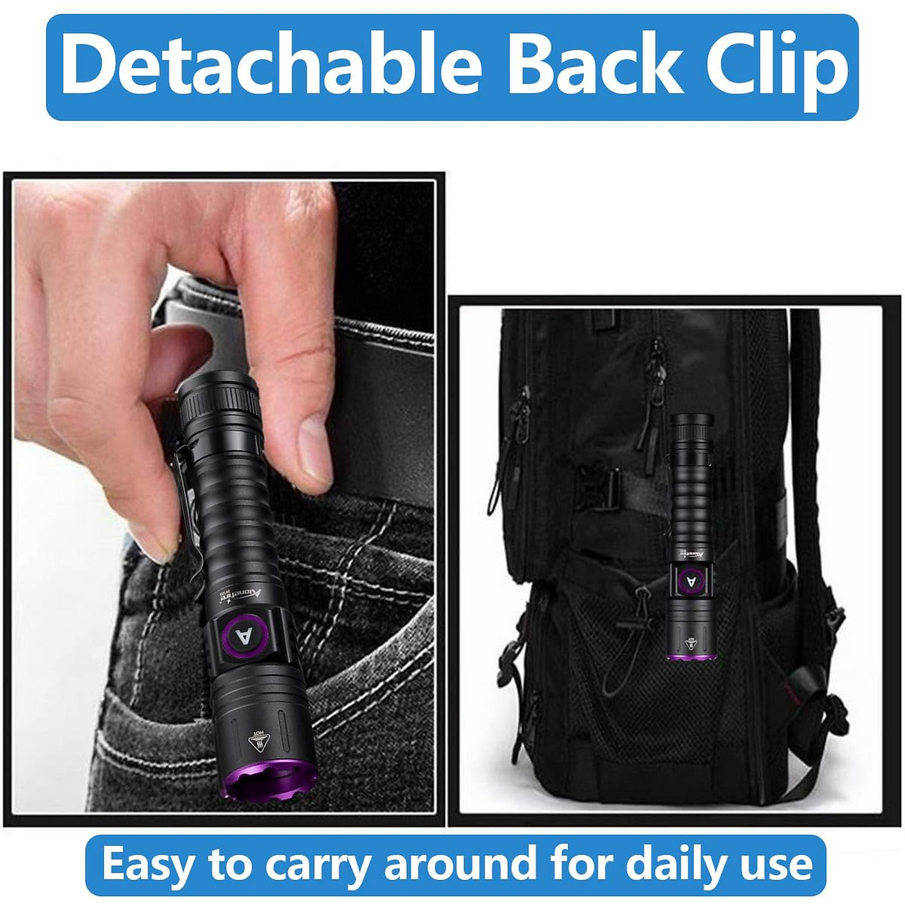 Das Bild zeigt eine schwarze Taschenlampe, die an Jeans und einem Rucksack befestigt ist. Die Taschenlampe ist lila und hat einen Clip zum Tragen.