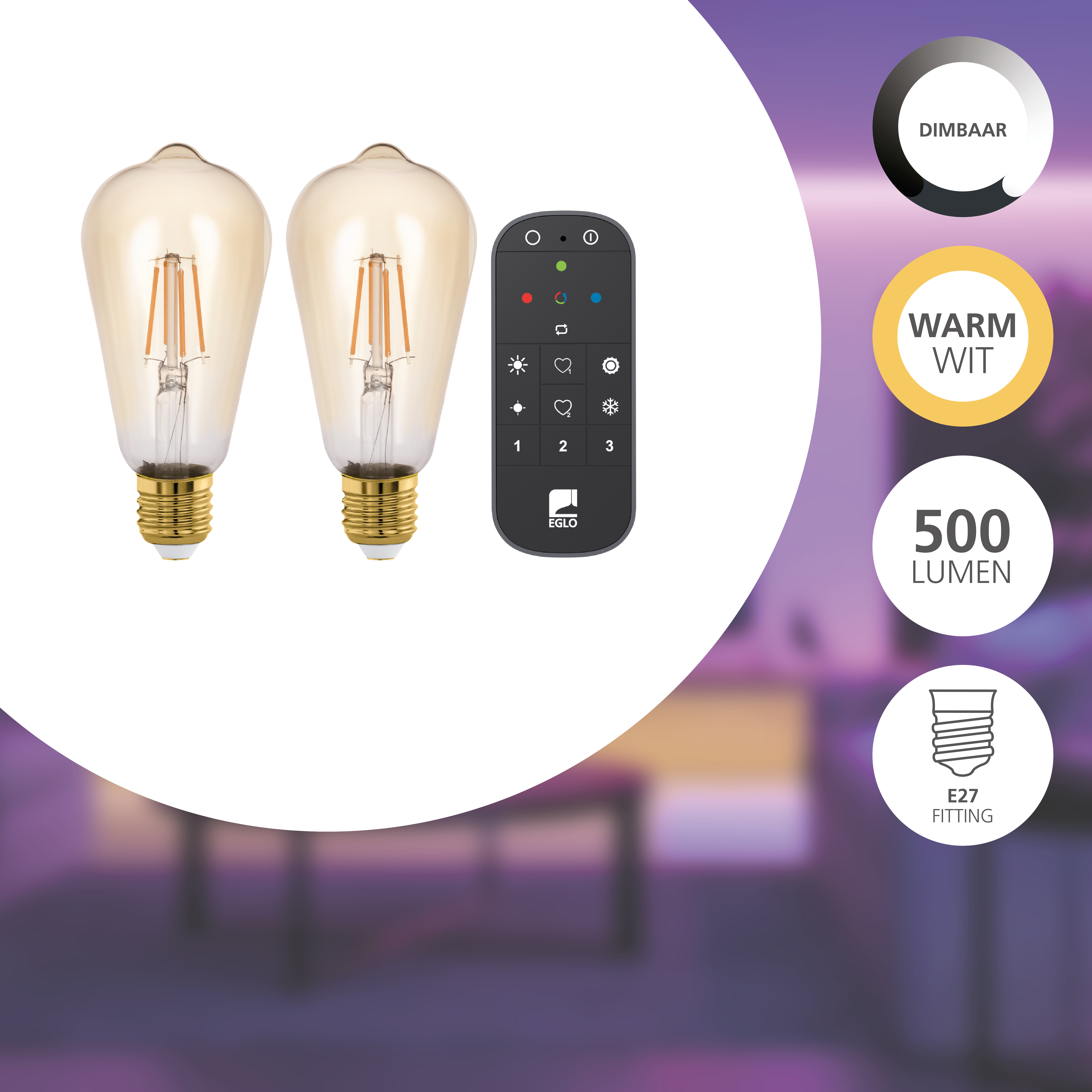 Zwei Glühbirnen im Edison-Stil mit Fernbedienung. Etiketten weisen auf dimmbar, warmweiß, 500 Lumen und E27-Fassung hin.