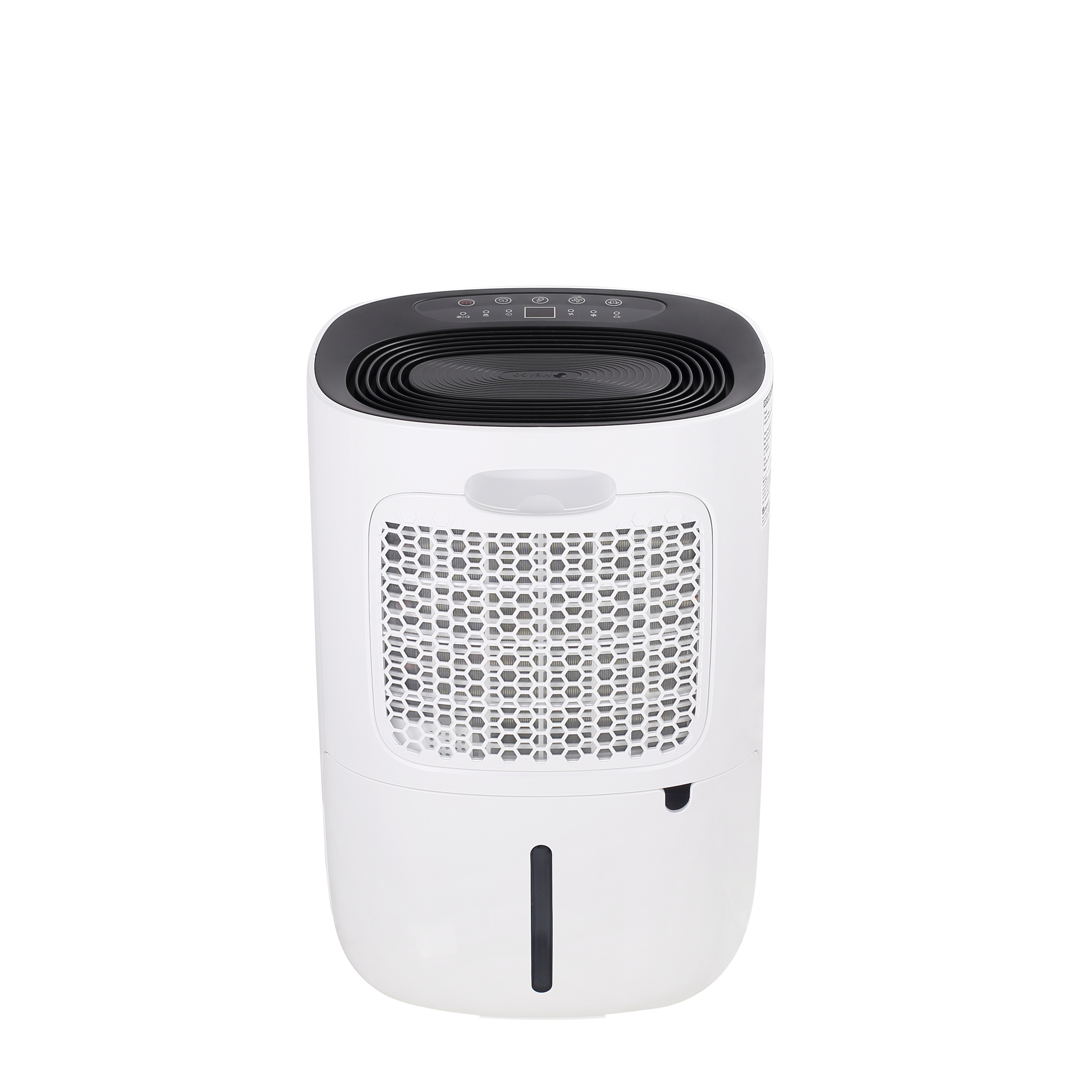 Biały osuszacz powietrza z czarnym blatem i wskaźnikiem poziomu wody. Przyciski na górnym panelu.