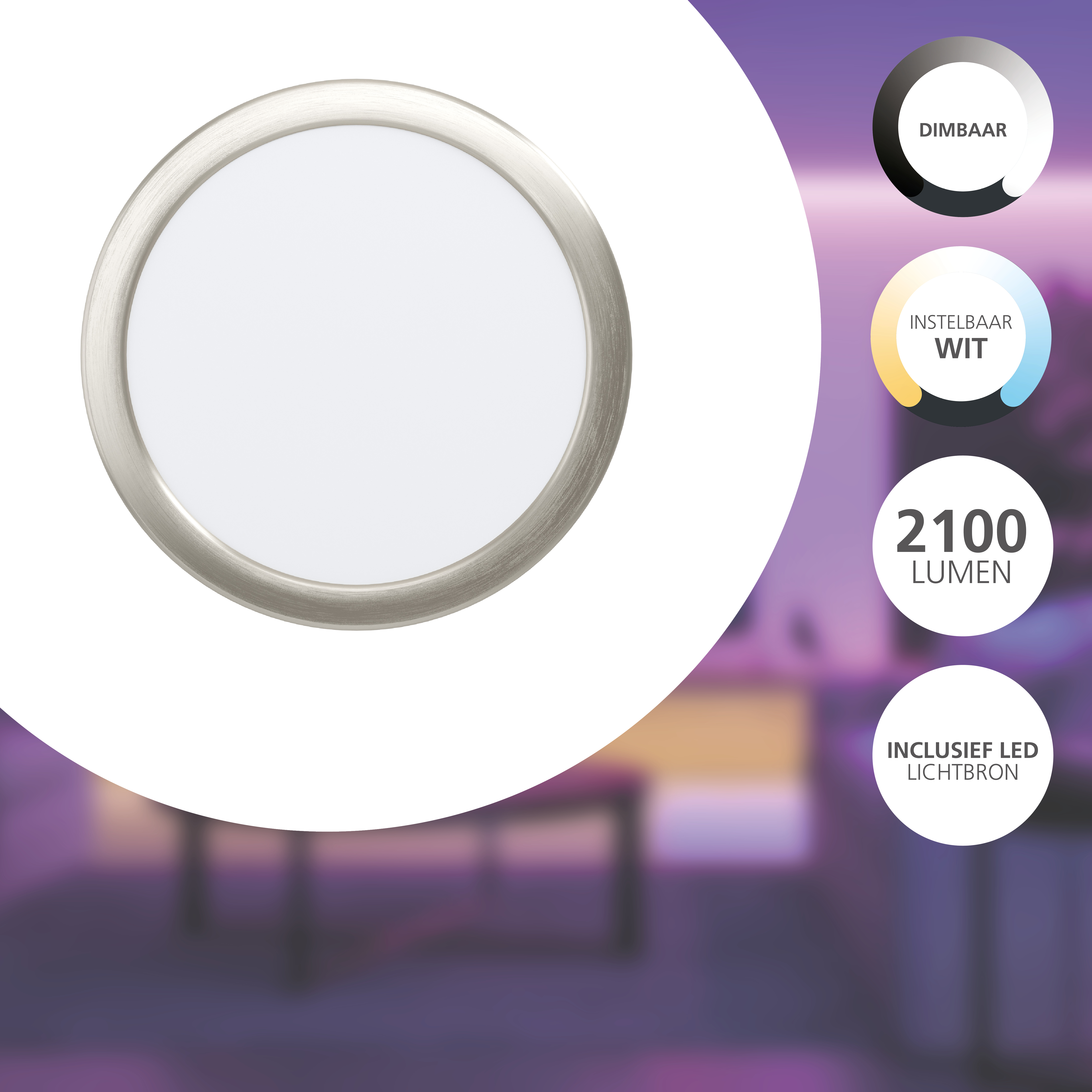 Runde LED-Leuchte mit silbernem Rand. Informationsblasen zeigen dimmbar, einstellbares Weiß, 2100 Lumen und LED-Lichtquelle.