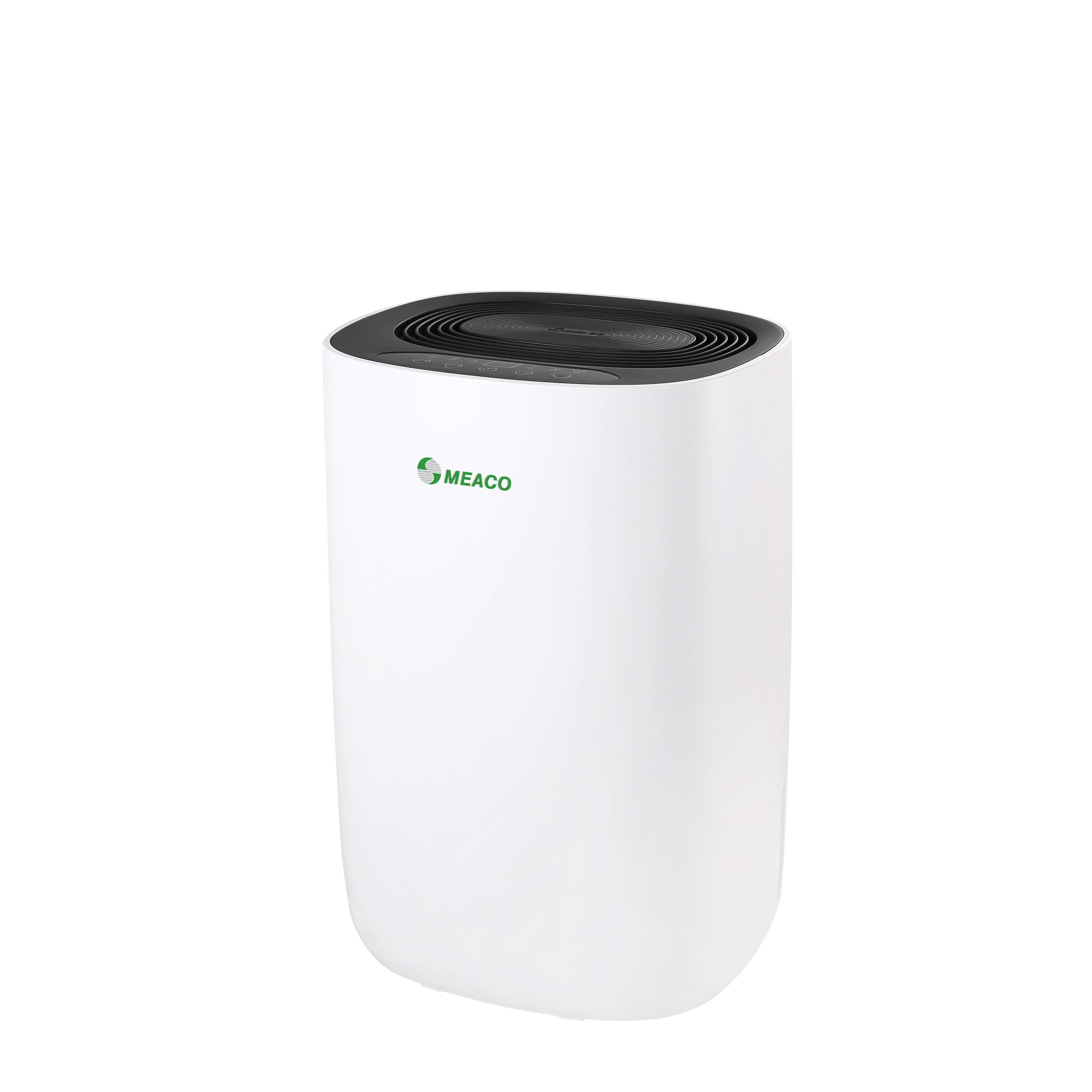 Een witte luchtontvochtiger met een zwarte bovenkant. Het Meaco-logo is groen. De achtergrond is wit.