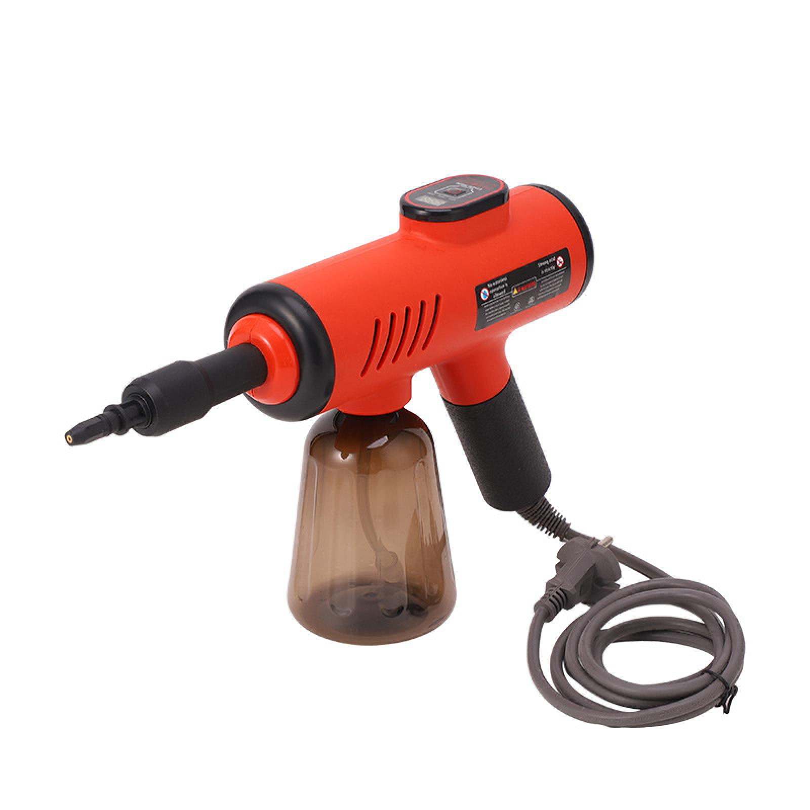 Roter und schwarzer Handdampfreiniger mit braunem Wassertank und grauem Netzkabel.