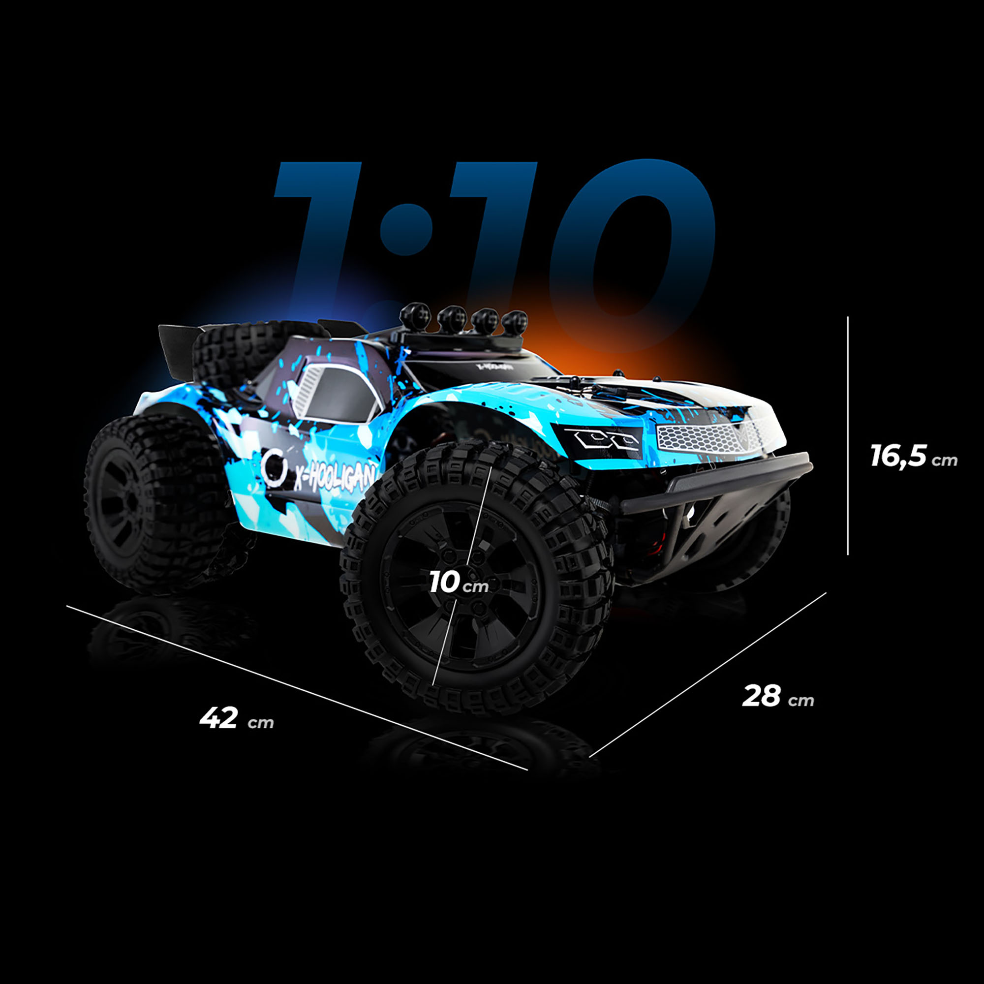Ein blau-schwarzes X-Hooligan RC-Auto auf schwarzem Hintergrund. Abmessungen: 42 cm, 28 cm, 16,5 cm und Raddurchmesser 10 cm.
