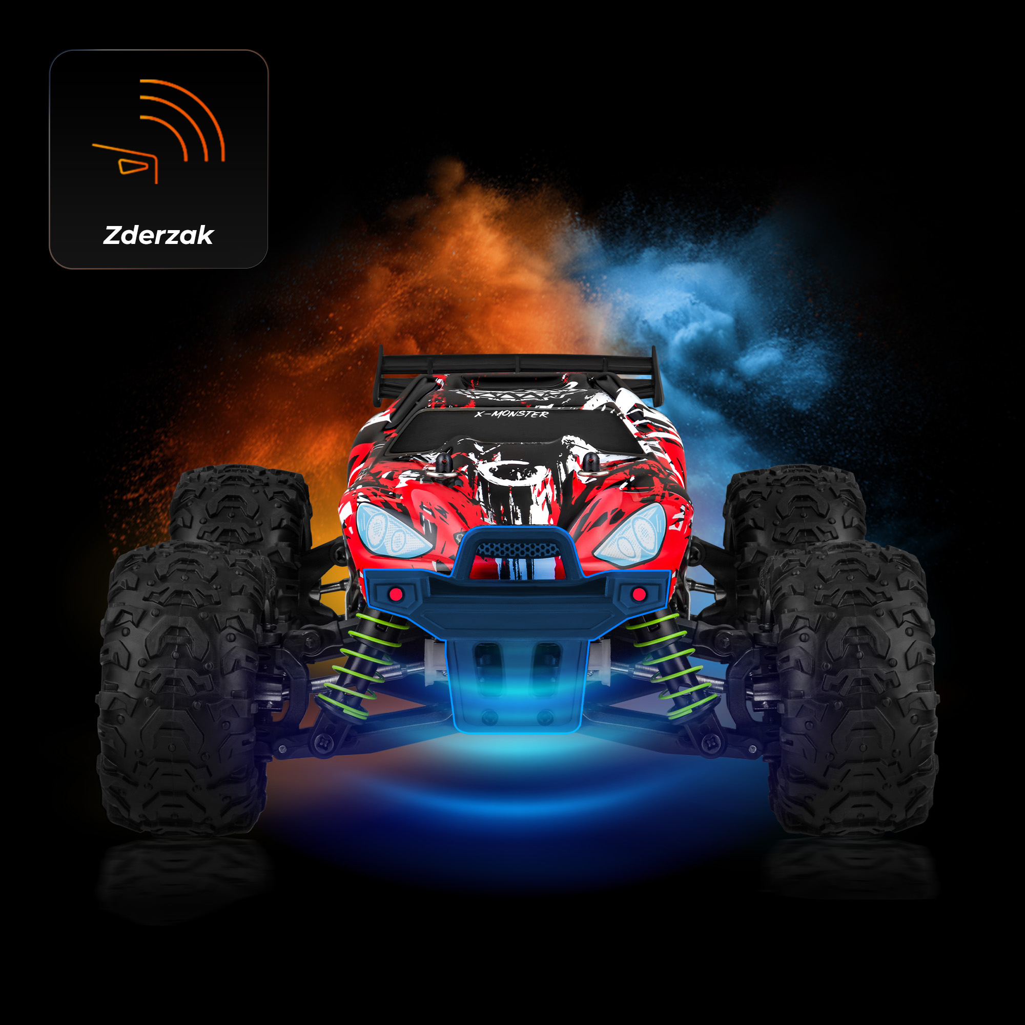 Een rood-zwarte op afstand bestuurbare monstertruck met grote banden, verlicht met blauwe en oranje effecten, op zwart.