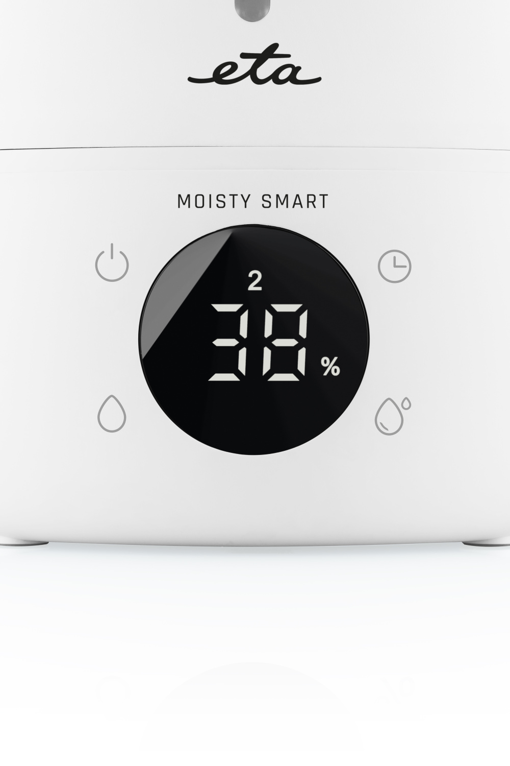 Dispositivo bianco con display digitale nero che mostra 38% e la parola eta. Sono visibili icone di accensione, timer e goccia d'acqua.