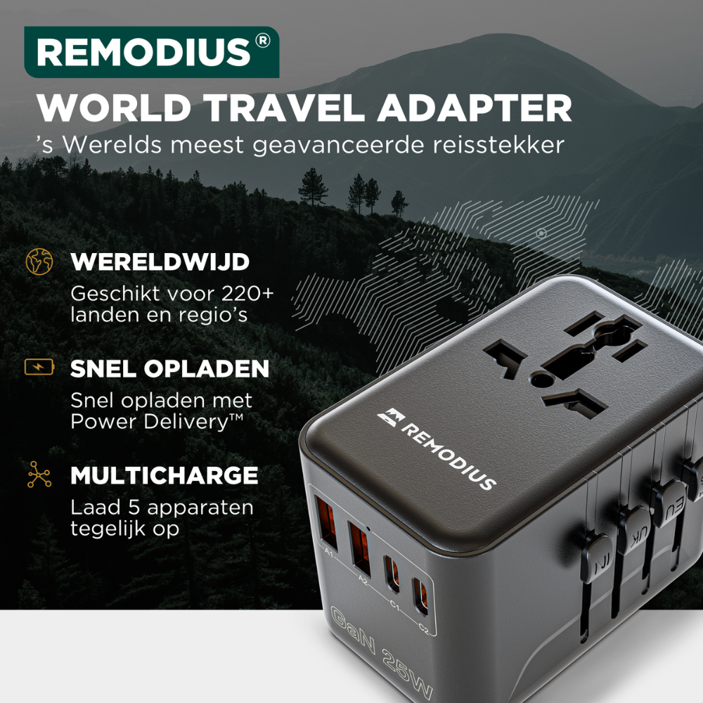 Un adaptateur de voyage mondial Remodius noir avec plusieurs ports. Superposition de texte : adaptateur de voyage mondial, charge rapide et multi-charge.