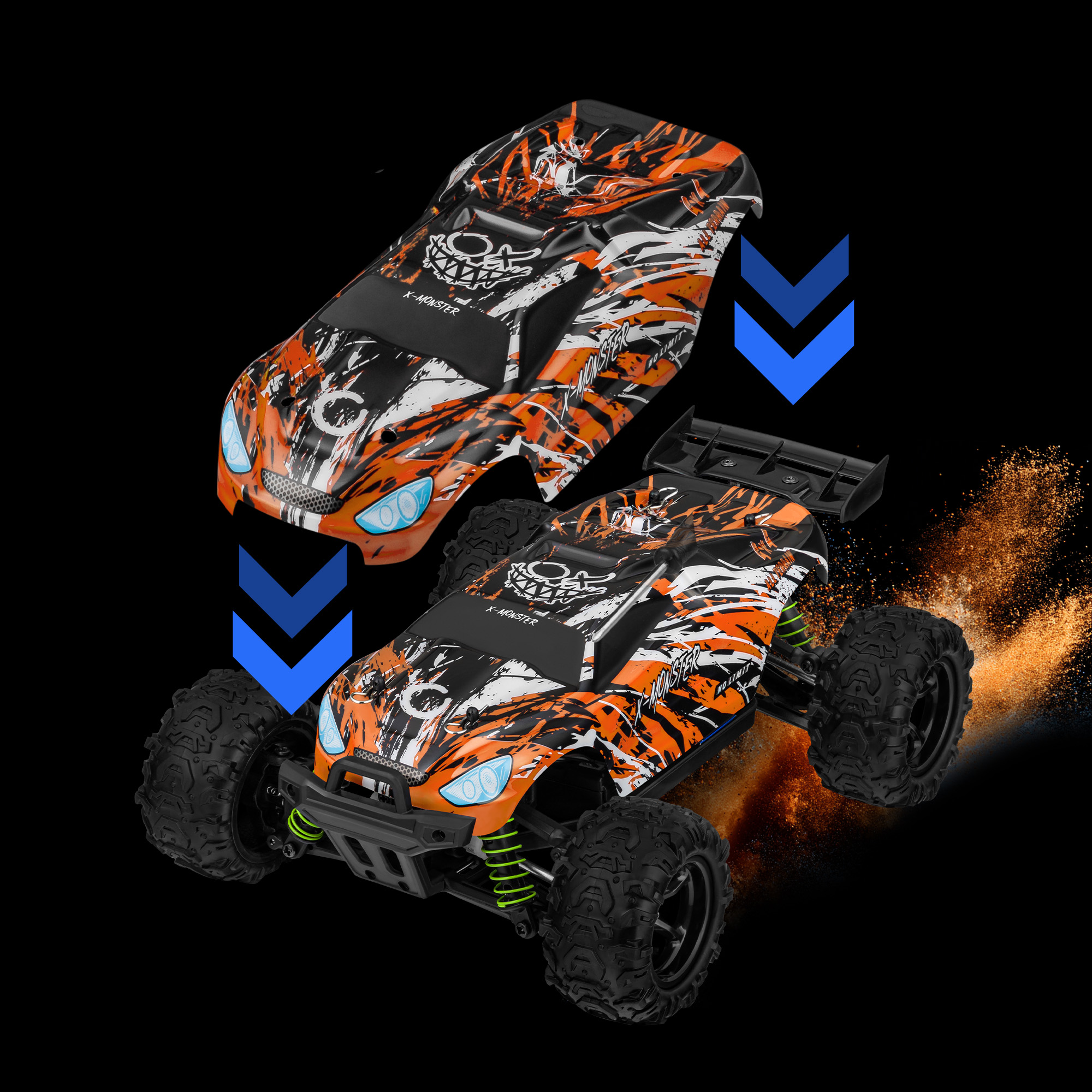 Een oranje en zwarte RC-auto wordt in twee delen getoond. Pijlen wijzen naar beneden naar de geassembleerde auto. Zwarte achtergrond.