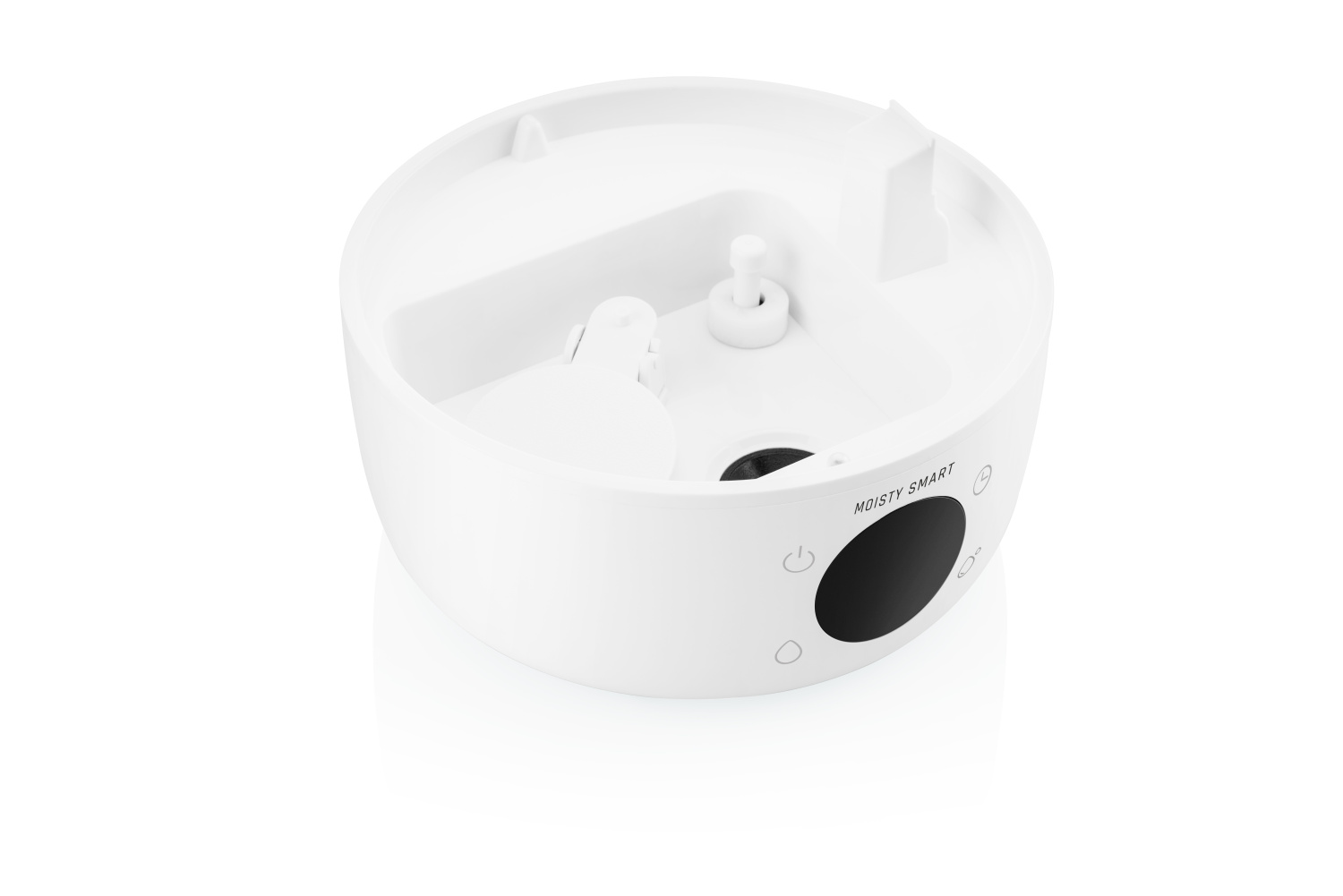 Un umidificatore bianco e aperto con un pannello di controllo nero. Ha componenti interni visibili, con l'etichetta 'MOISTY SMART'.