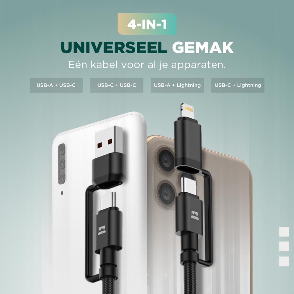 L'image montre un câble 4-en-1 avec des connecteurs USB-A, USB-C et Lightning. Il est connecté à deux téléphones avec le texte : "UNIVERSEEL GEMAK".