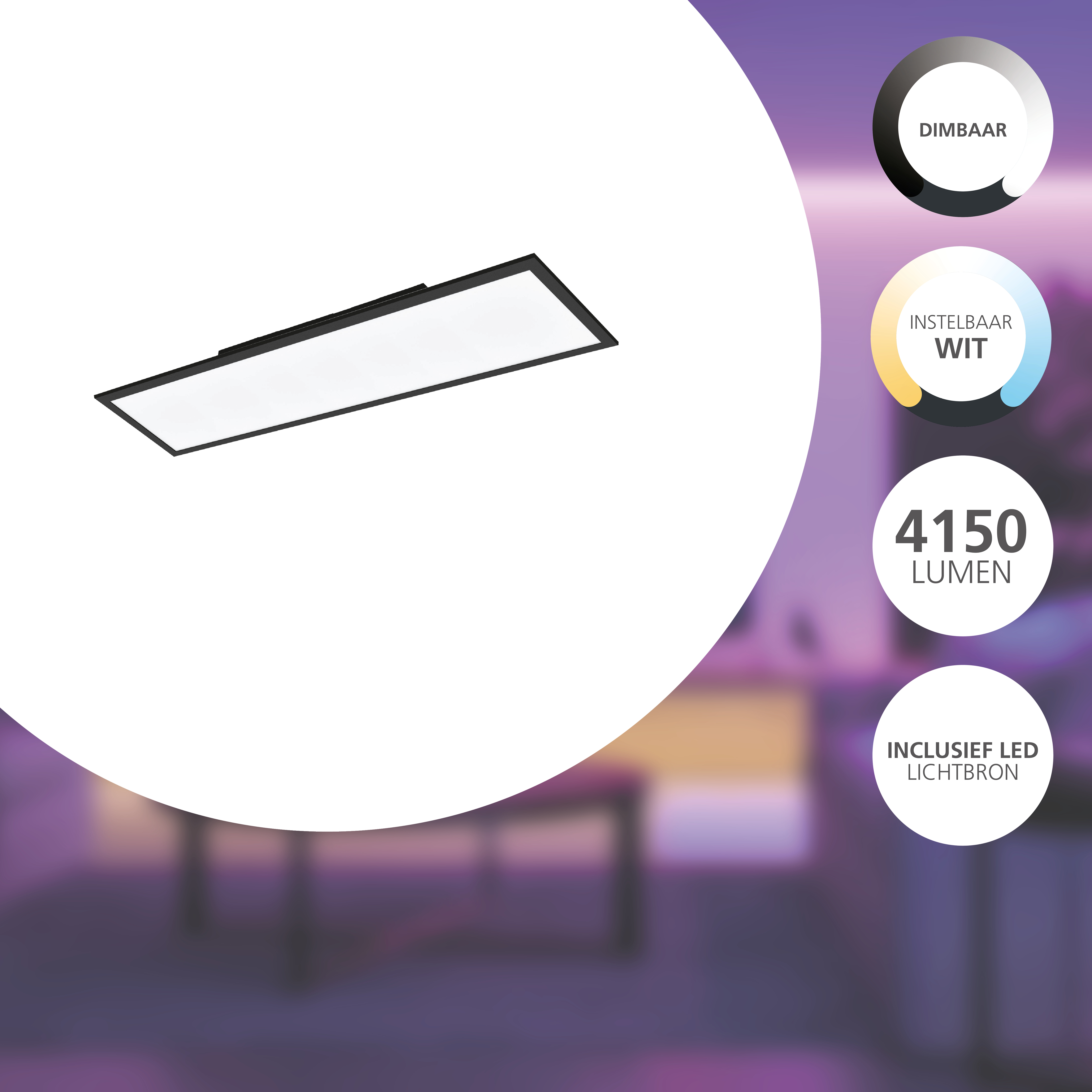 Lampada da soffitto rettangolare con cornice nera e luce bianca. Cerchi informativi sul lato.