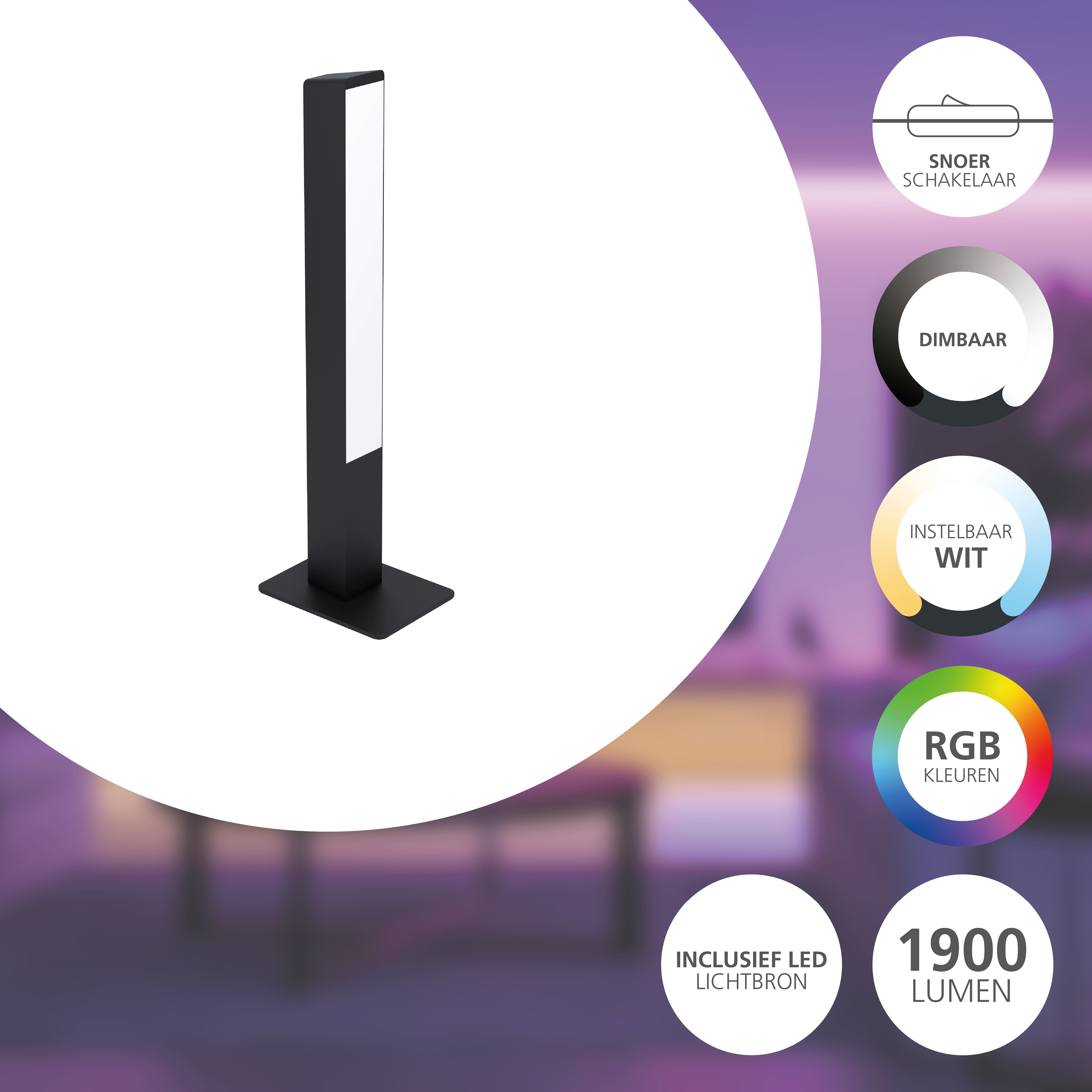 Eine schwarze, moderne Lampe mit weißem Lichtstreifen. Sie verfügt über Funktionen wie Dimmbarkeit, RGB-Farben und einstellbares Weißlicht.