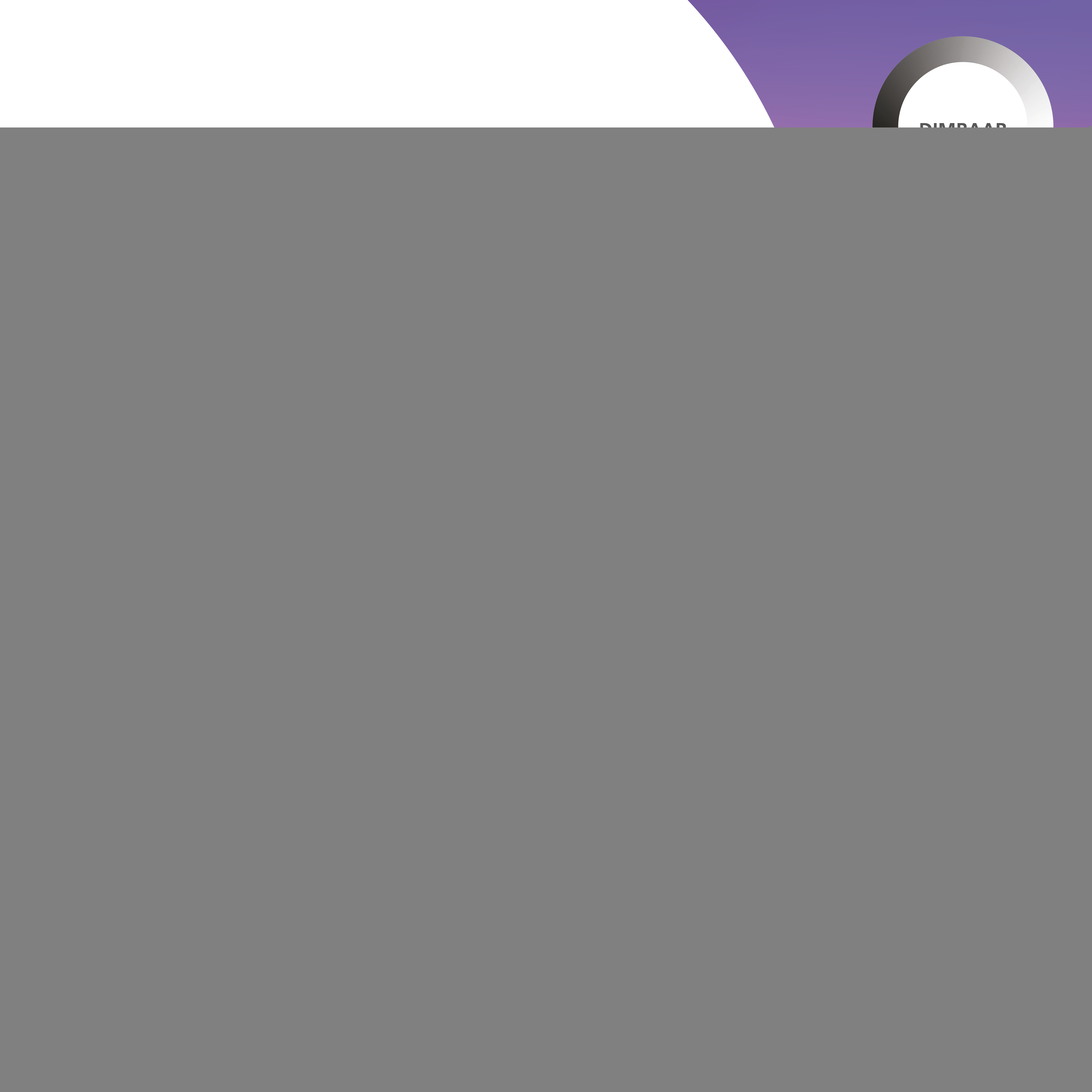 L'immagine ha uno sfondo grigio con un design viola e bianco in alto e un cerchio con testo.