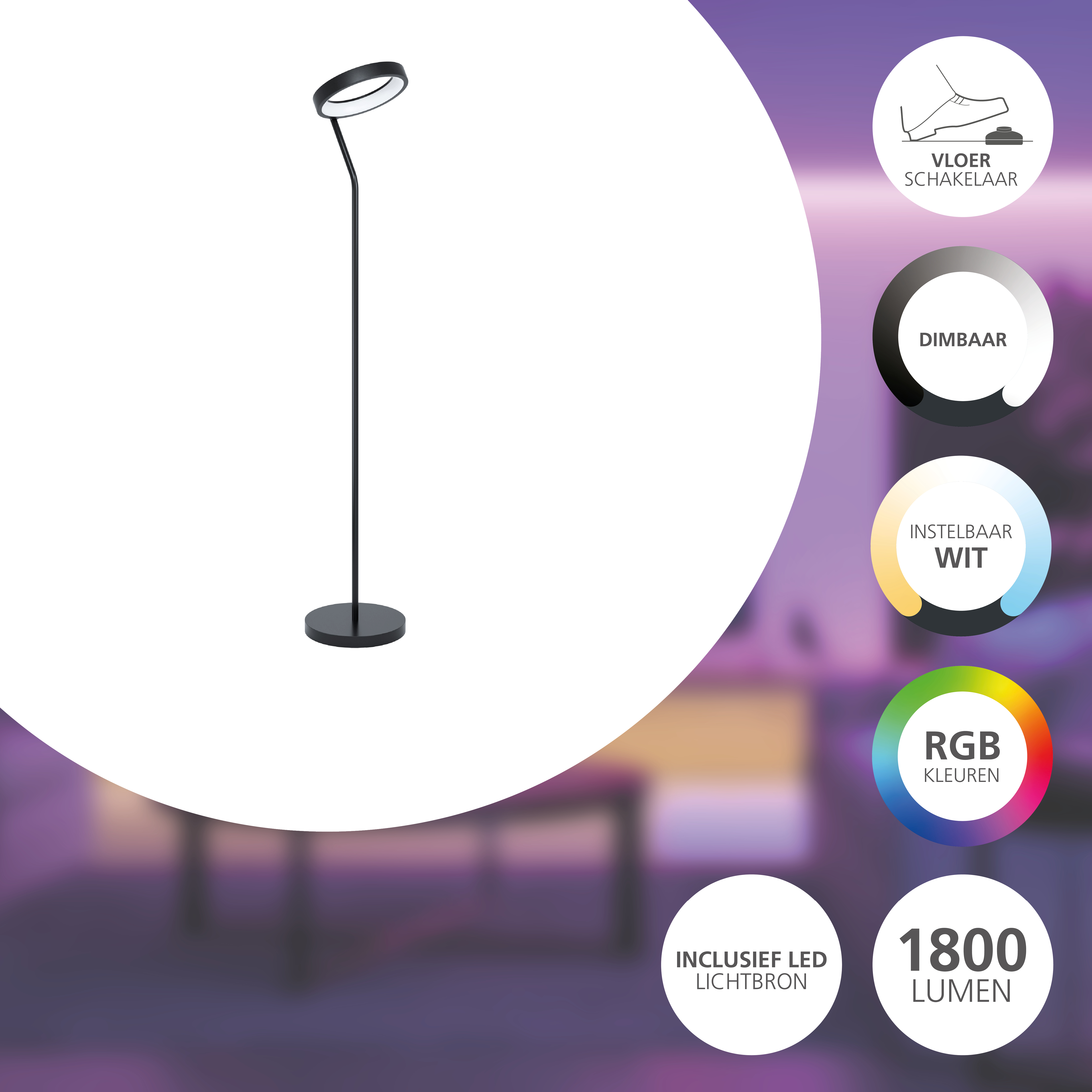 Eine moderne schwarze Stehlampe mit kreisförmigem Leuchtkopf. Sie hat einen Fußschalter und verschiedene Beleuchtungsoptionen.