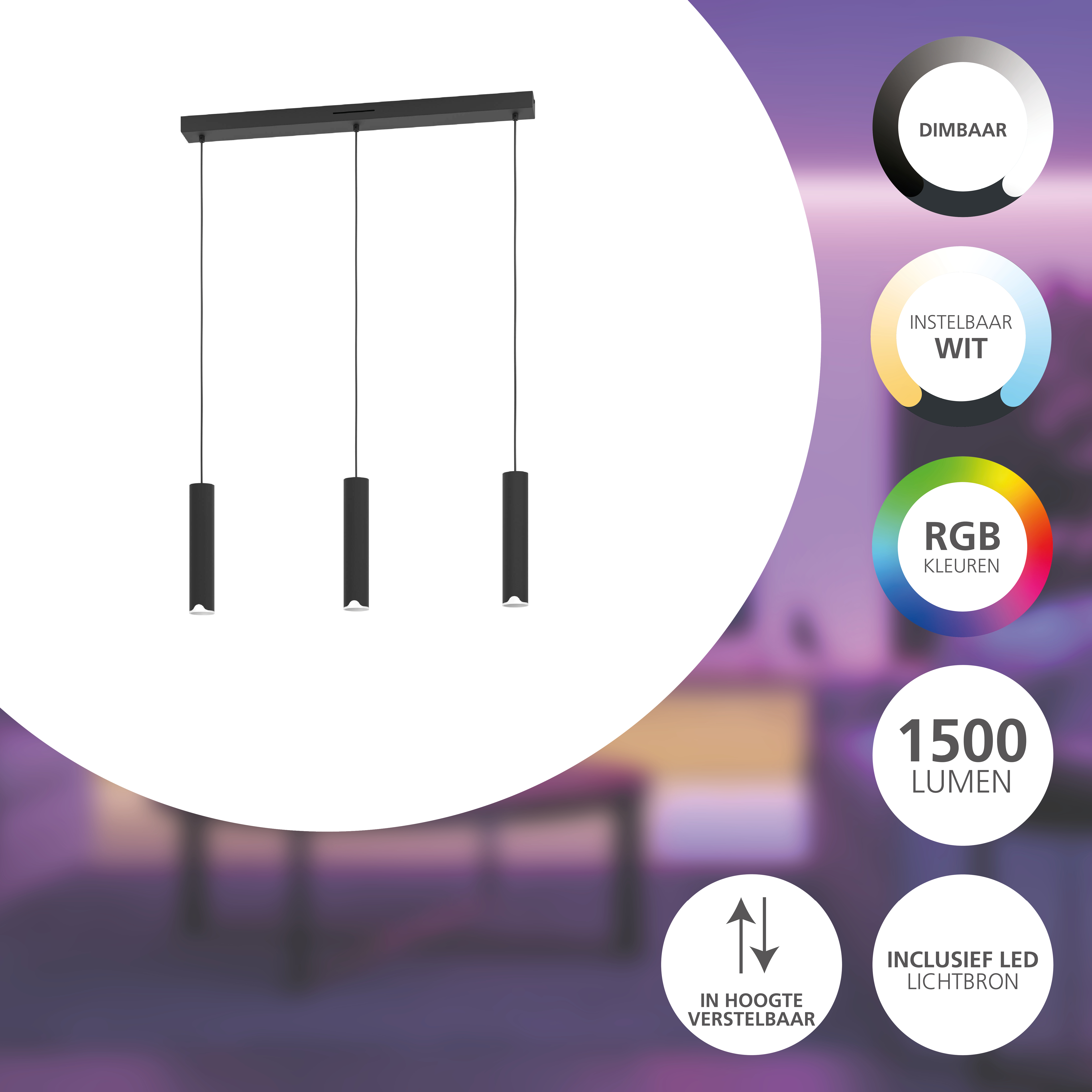 Lampada a sospensione nera con tre luci. Sfondo: sfumatura viola con cerchi di testo.