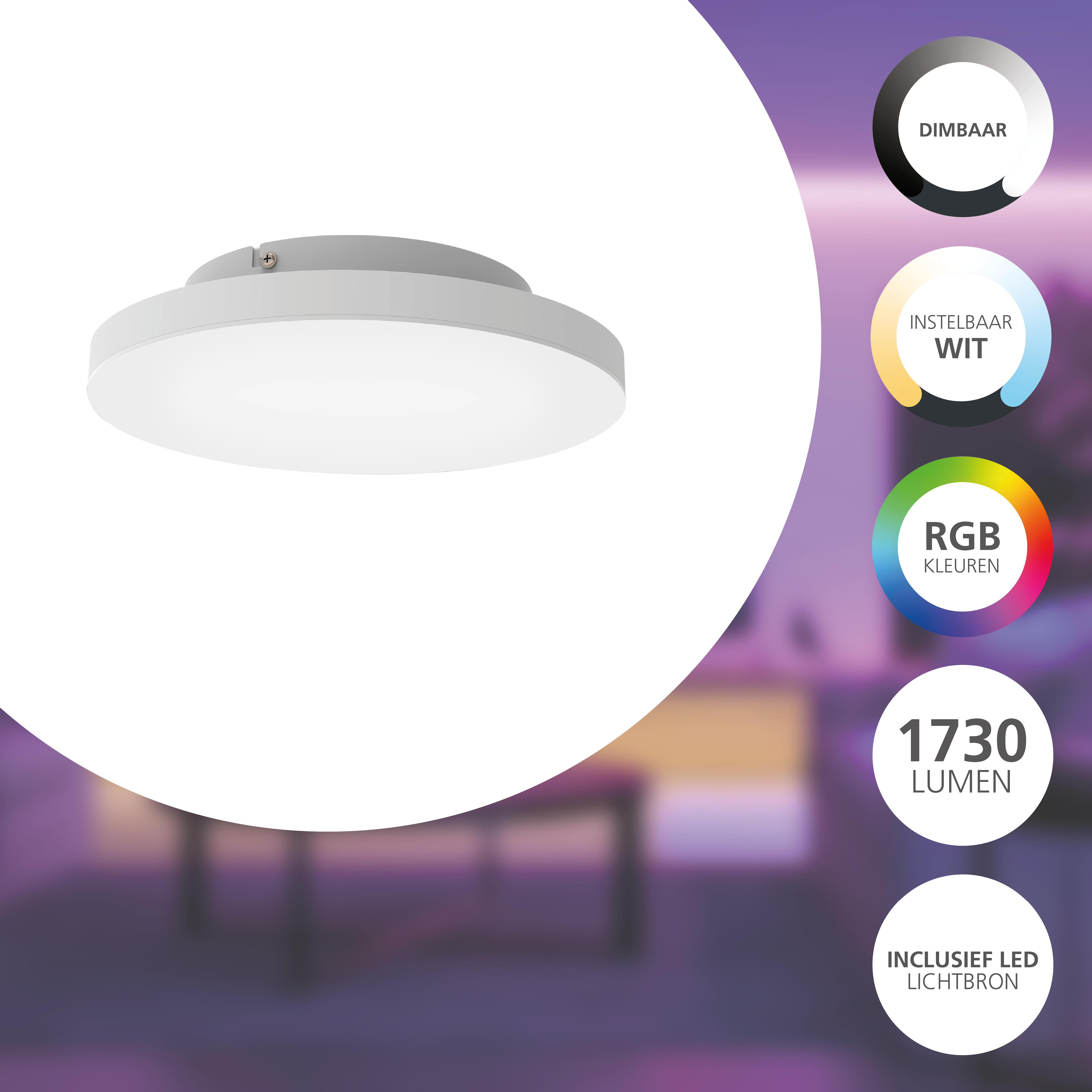 Una lampada da soffitto rotonda bianca con diverse etichette che indicano caratteristiche come dimmerabile, bianco regolabile e colori RGB.