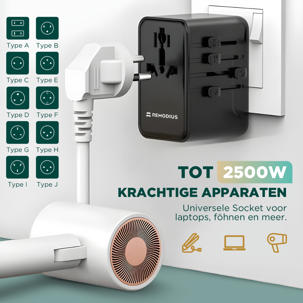 Un adaptateur de voyage noir est branché sur une prise murale blanche. Un sèche-cheveux blanc est également connecté.