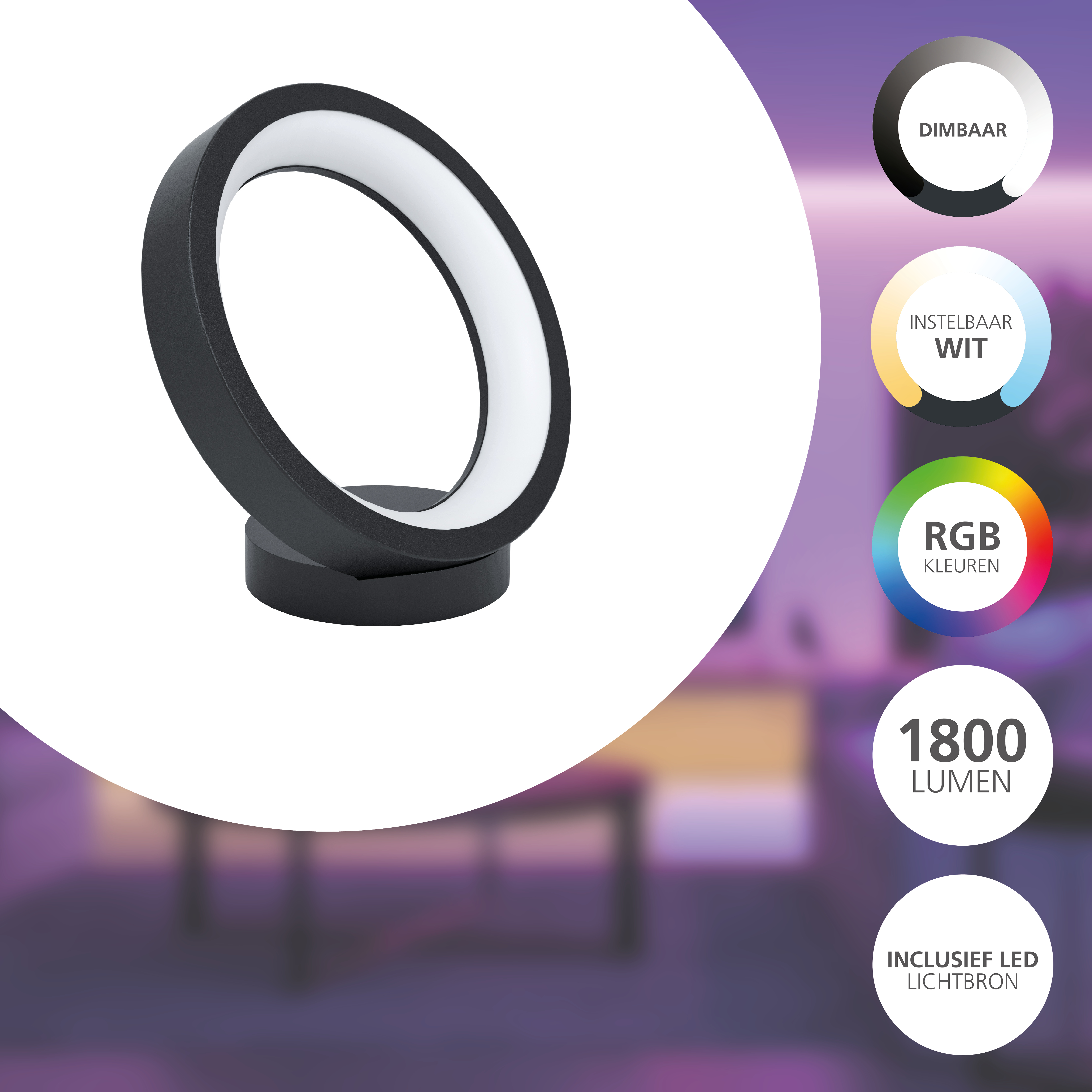 Schwarze, ringförmige Lampe mit weißem Innenlicht. Merkmale: dimmbar, einstellbares weißes Licht und RGB-Farben.