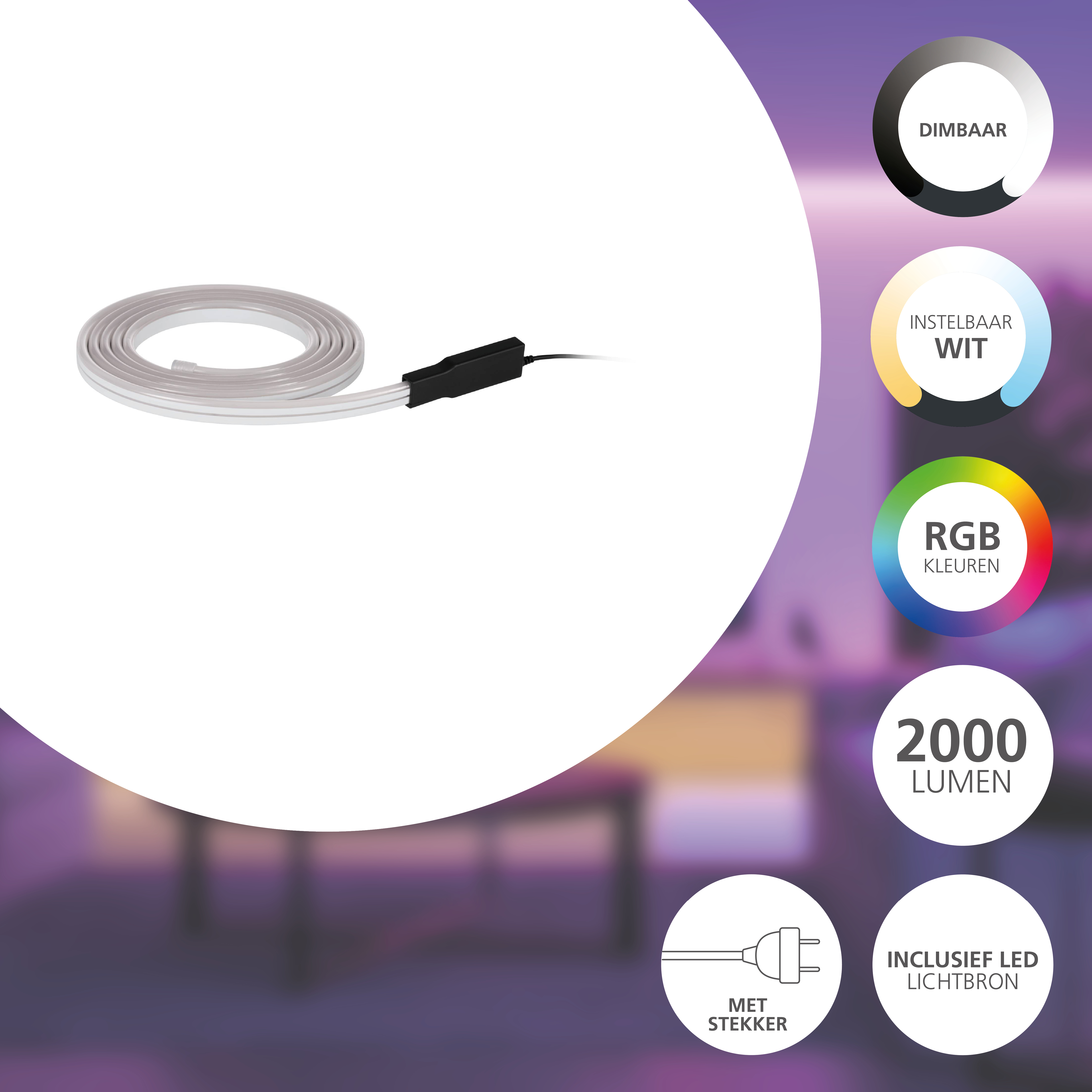 Ein aufgerolltes LED-Band mit schwarzem Stecker. Verschiedene Symbole zeigen Funktionen an: dimmbar, weiß, RGB-Farben, 2000 Lumen.