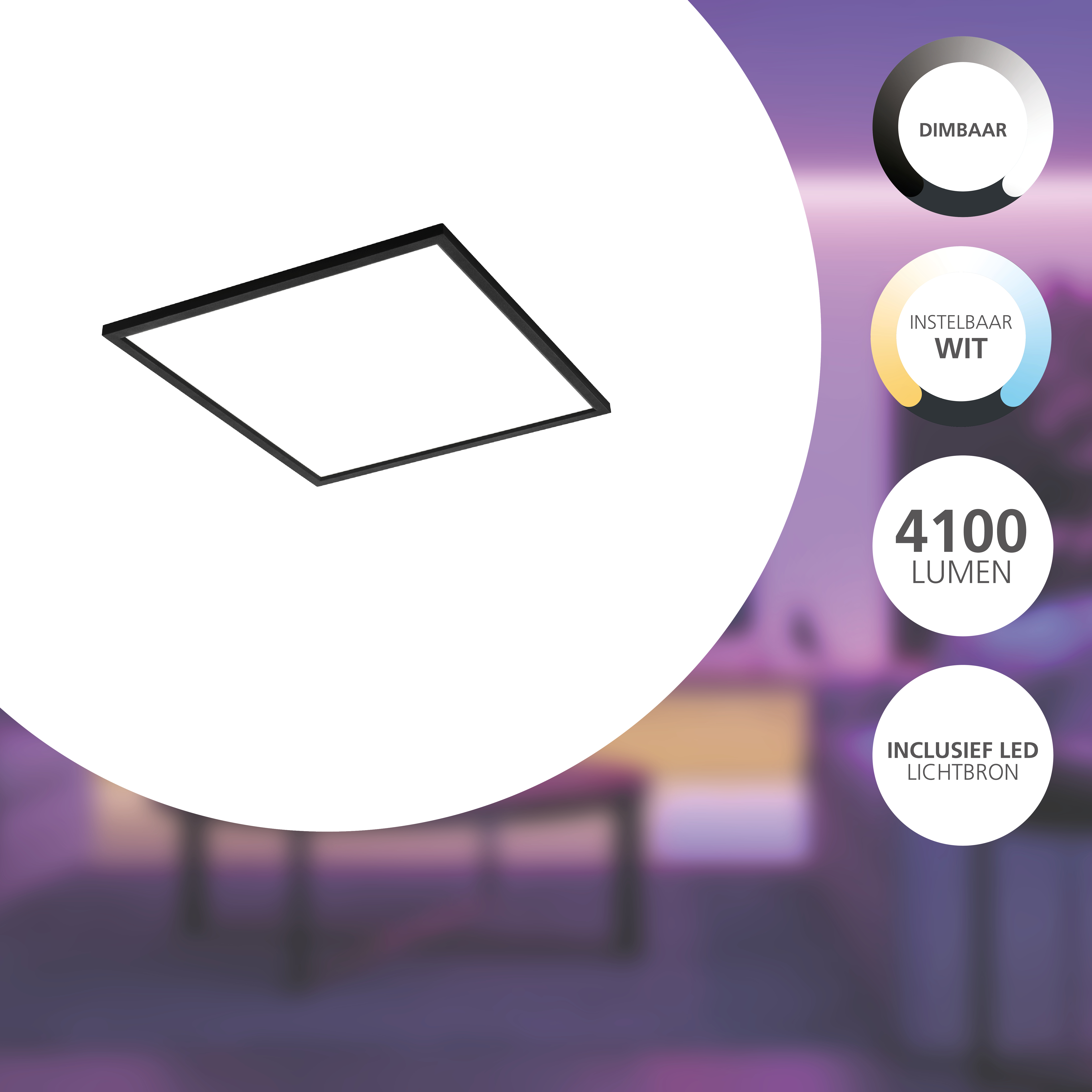 Apparecchio LED quadrato nero, interno bianco, su sfondo sfumato viola e bianco.