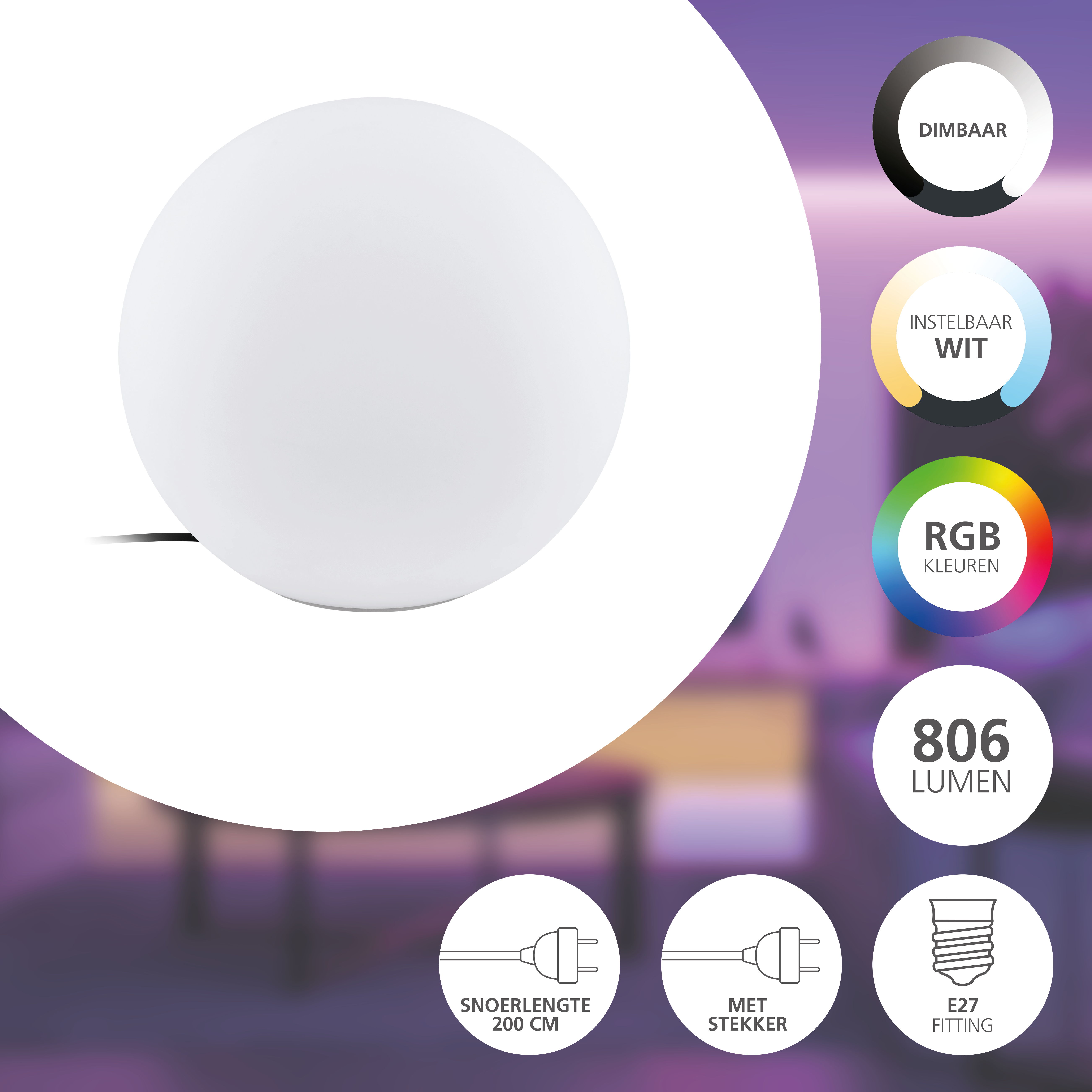 Viene visualizzata una lampada rotonda bianca. Le caratteristiche includono dimmerabile, bianco regolabile, colori RGB, 806 lumen, cavo da 200 cm, spina ed attacco E27.