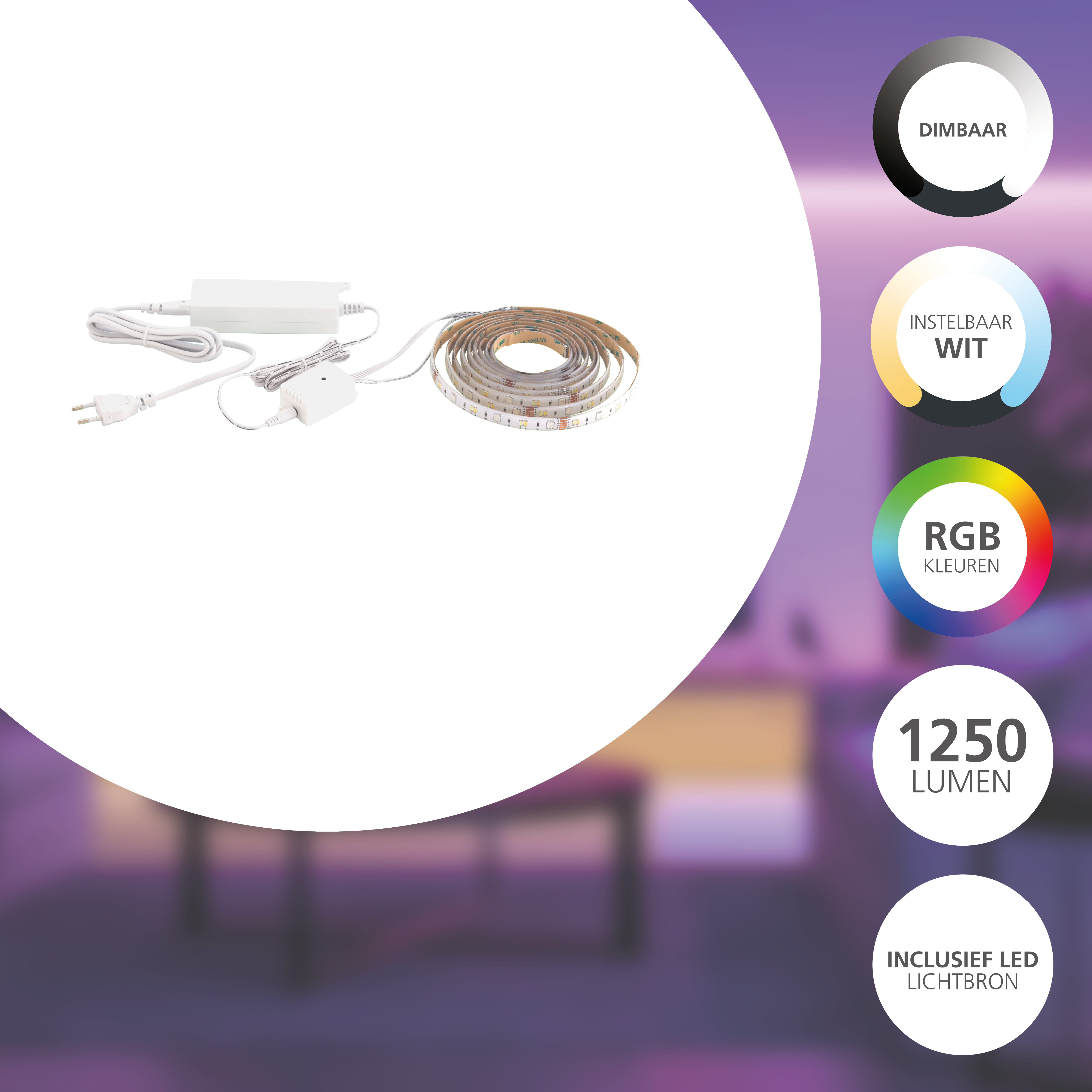 LED-Streifen mit Netzteil. Eigenschaften: dimmbar, einstellbares Weiß, RGB-Farben, 1250 Lumen und LED-Lichtquelle enthalten.