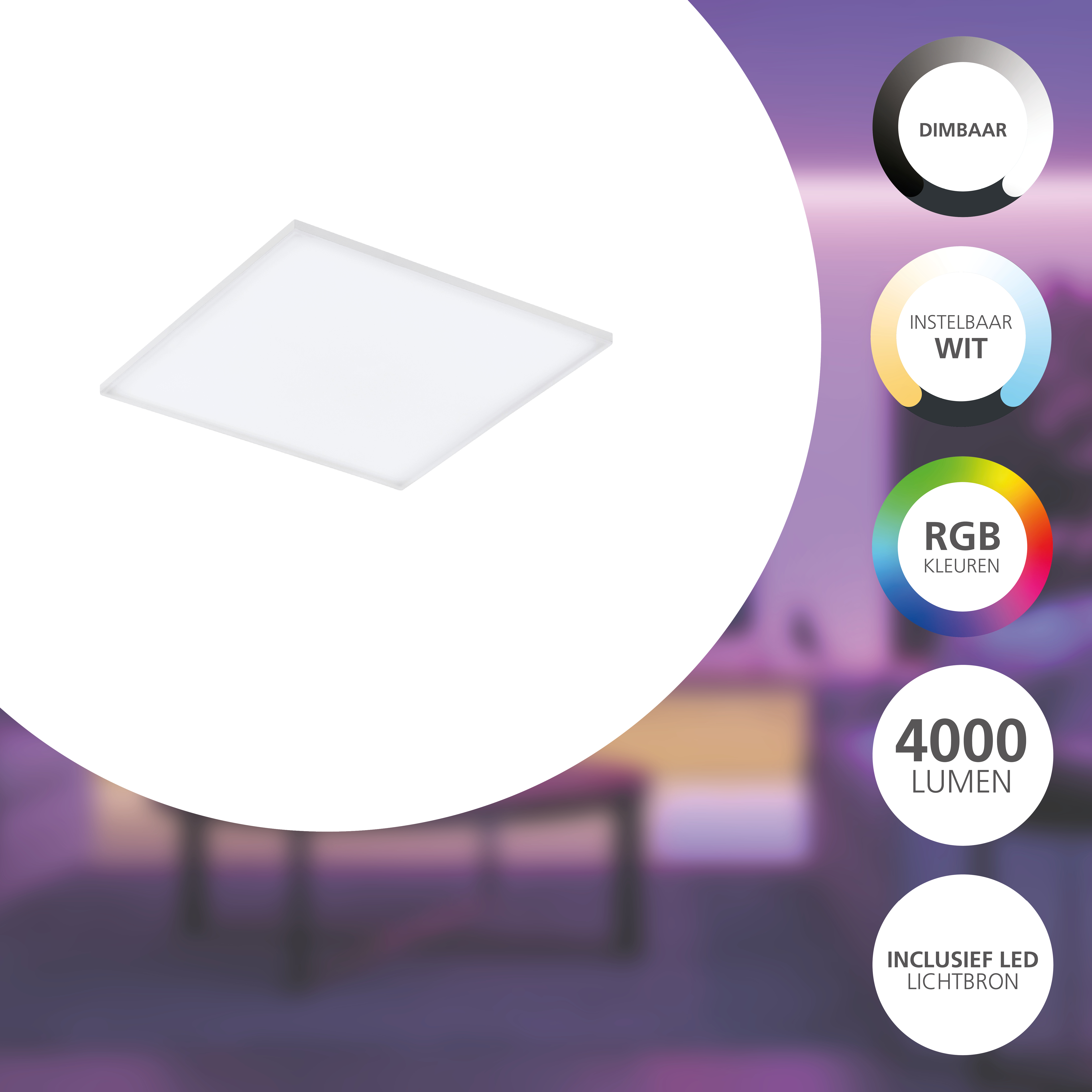 Un pannello LED quadrato bianco con dimmer, luce bianca regolabile e colori RGB. Include 4000 lumen.