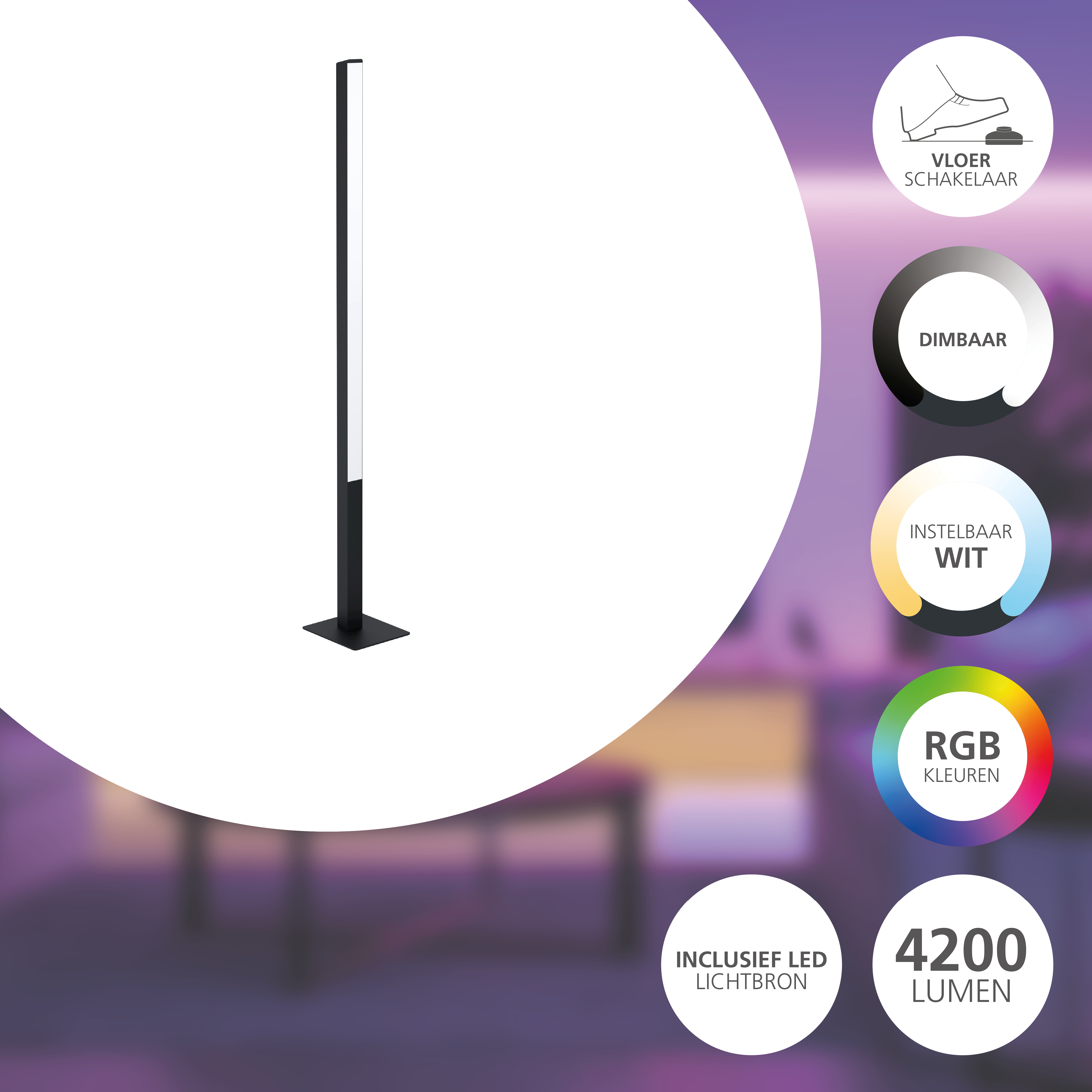Una lampada da terra a LED nera. La lampada è alta e sottile. Include dimmerabile, bianco regolabile e colori RGB.