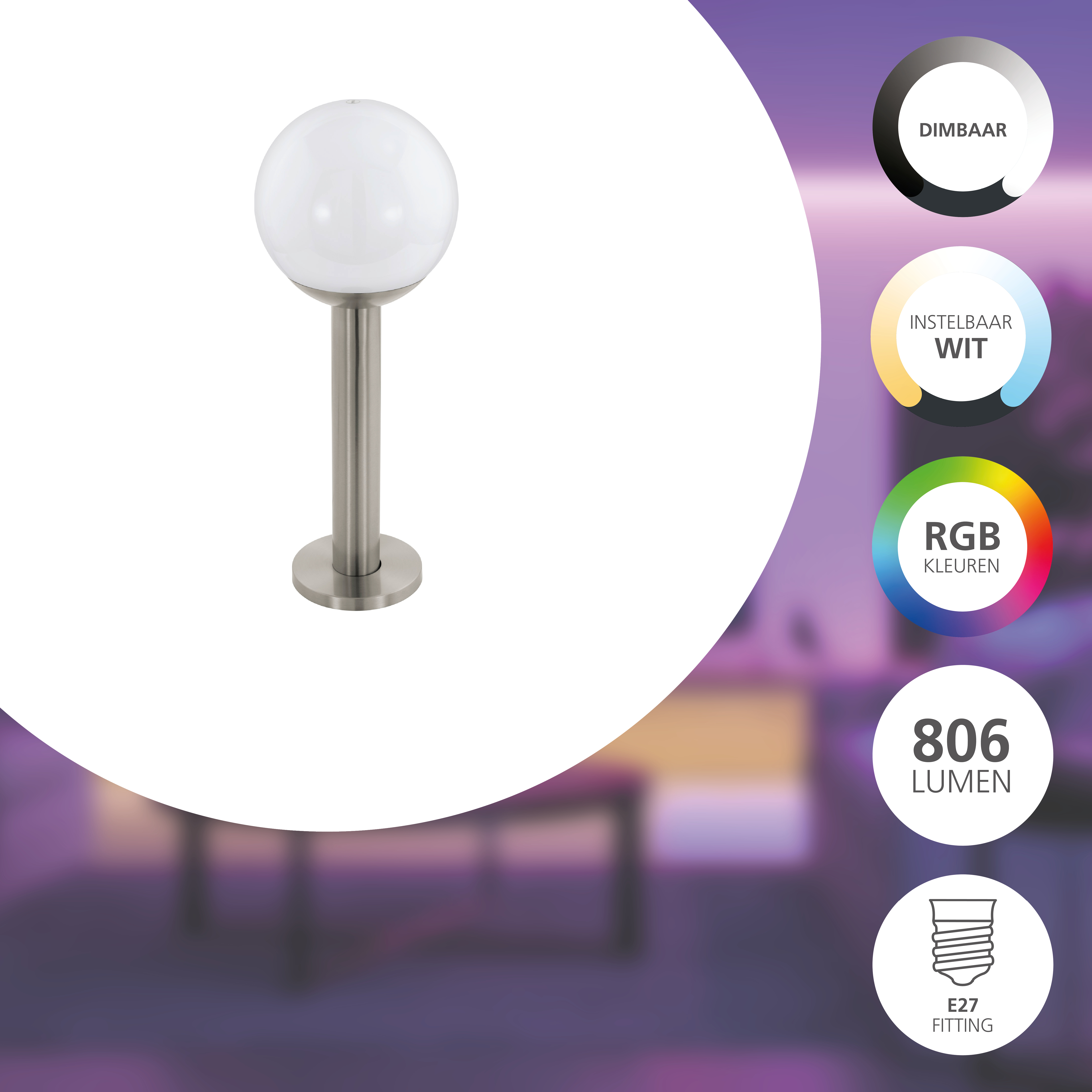 Eine moderne Lampe mit weißem Kugelschirm, Edelstahlstiel und -fuß. Infokreise sind rechts.
