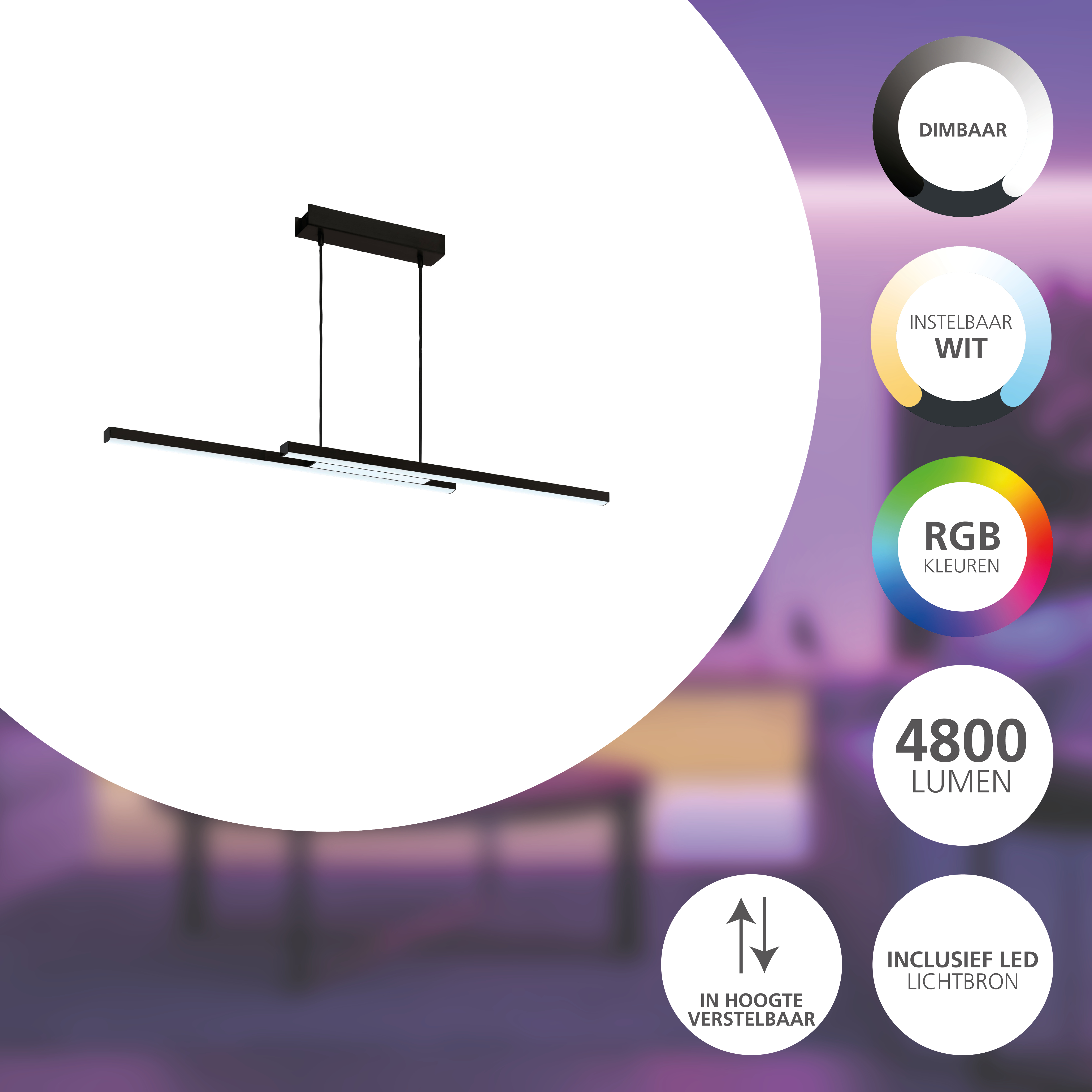 Schwarze, moderne Deckenleuchte. Sie hat einen horizontalen Lichtbalken mit weißem Licht und mehrere Details.
