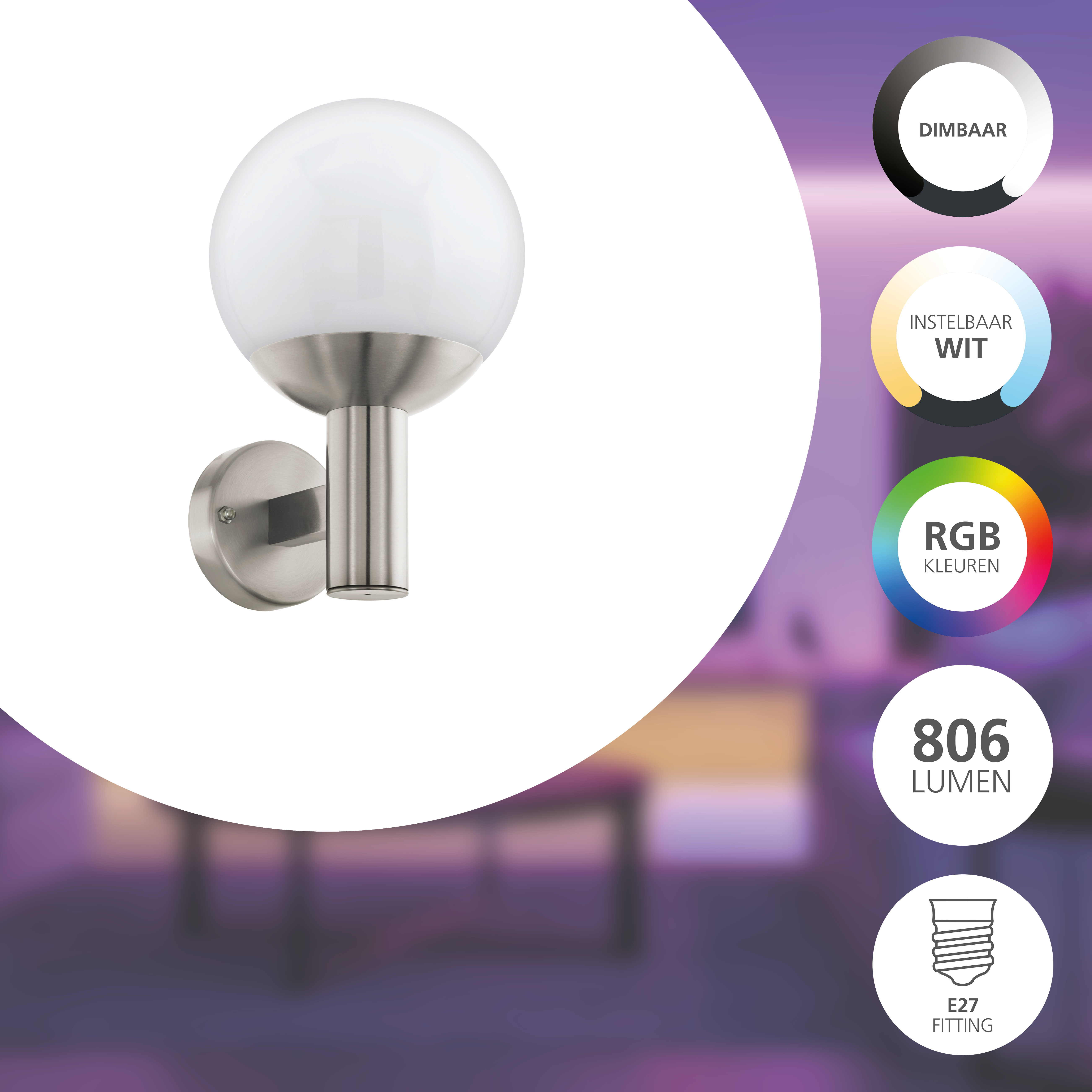 Eine moderne Wandleuchte mit weißem Globus, Metallfinish und E27-Fassung. Verfügt über einstellbares weißes Licht und RGB-Farben.