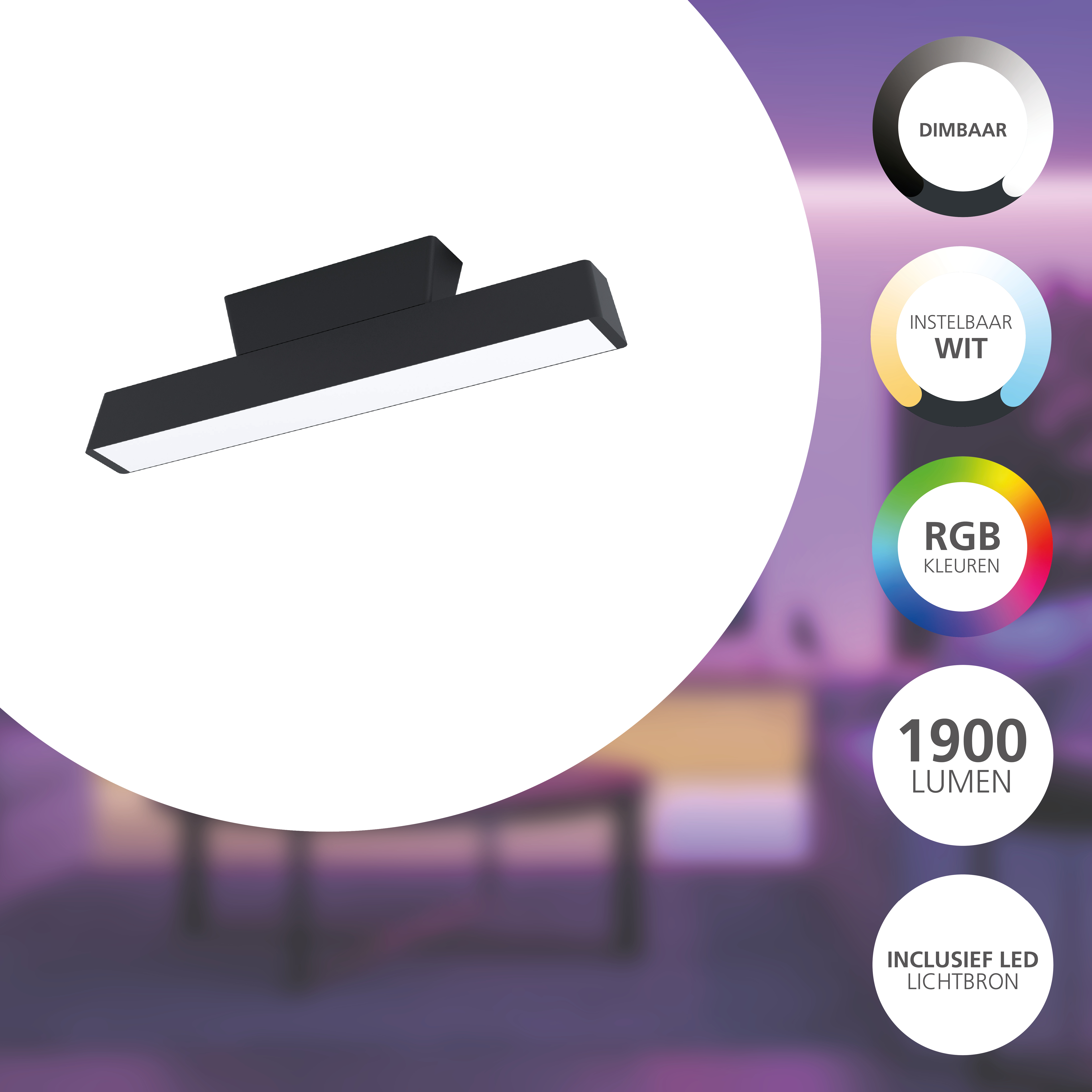 Eine schwarze LED-Lampe mit weißem Licht wird gezeigt. Sie befindet sich auf weißem Hintergrund mit lila und weißen Kreisen.