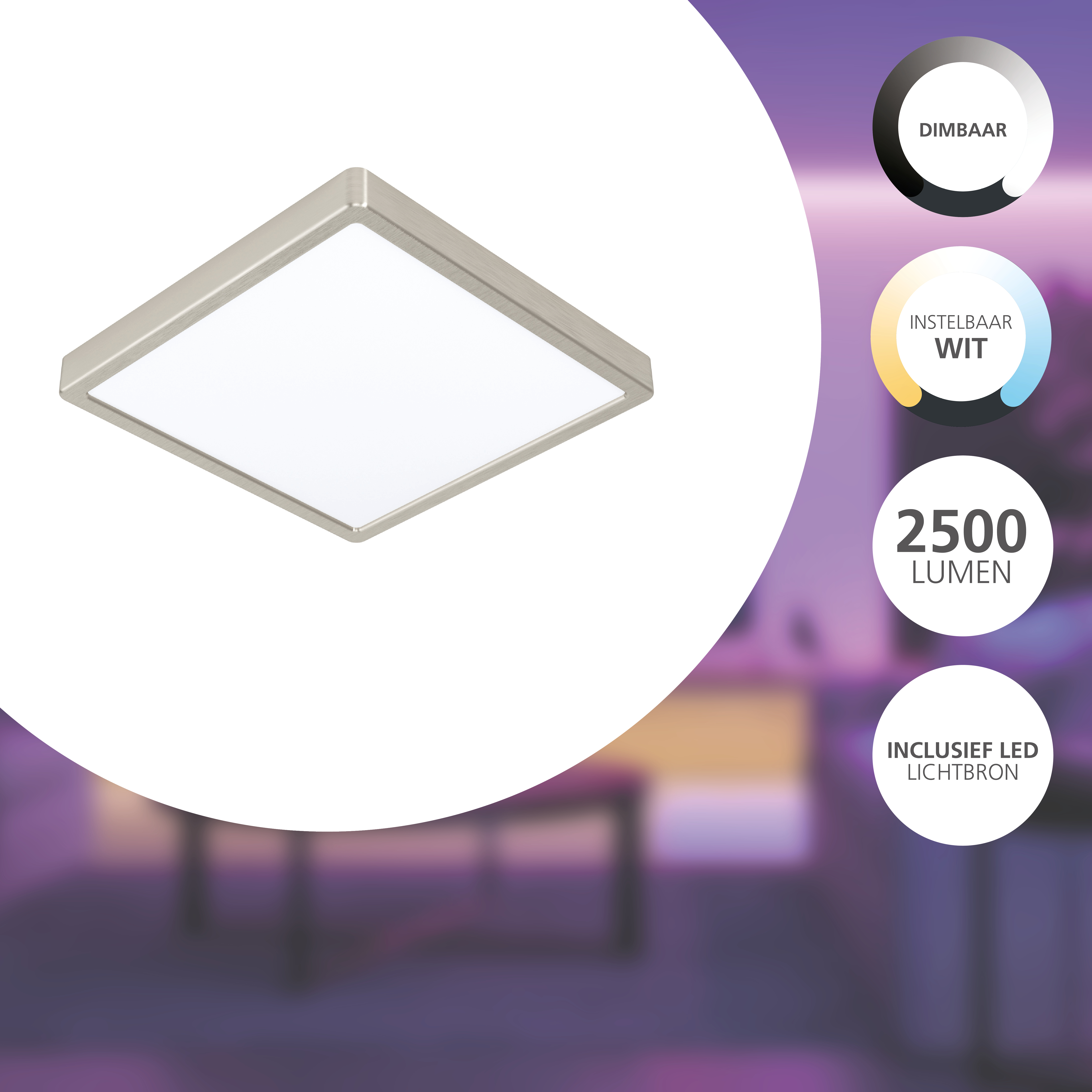 Una plafoniera a LED quadrata con cornice argentata. Lo sfondo è un'immagine sfocata.