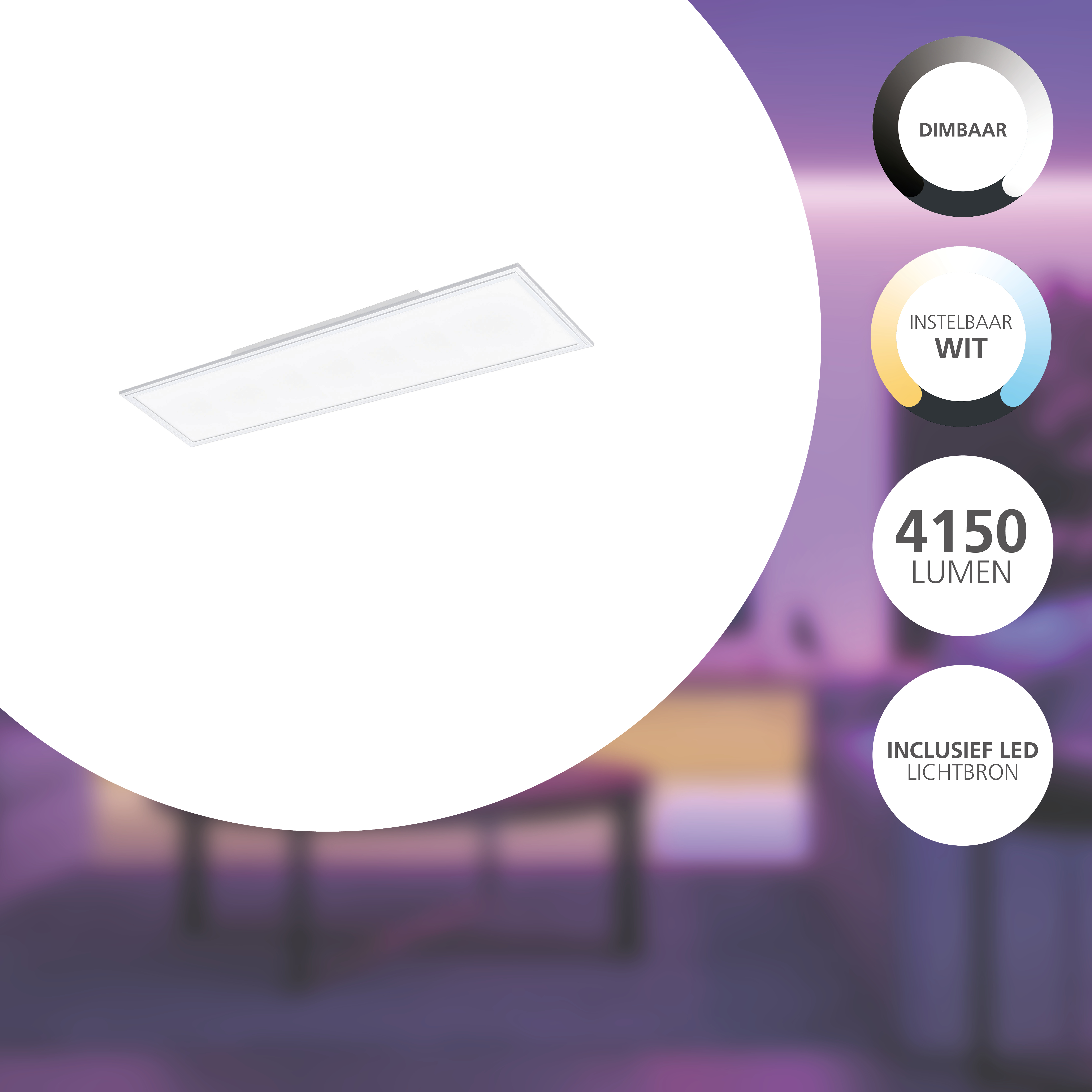 Un apparecchio a soffitto a LED rettangolare bianco. Lo sfondo presenta etichette informative e una sfumatura viola sfocata.