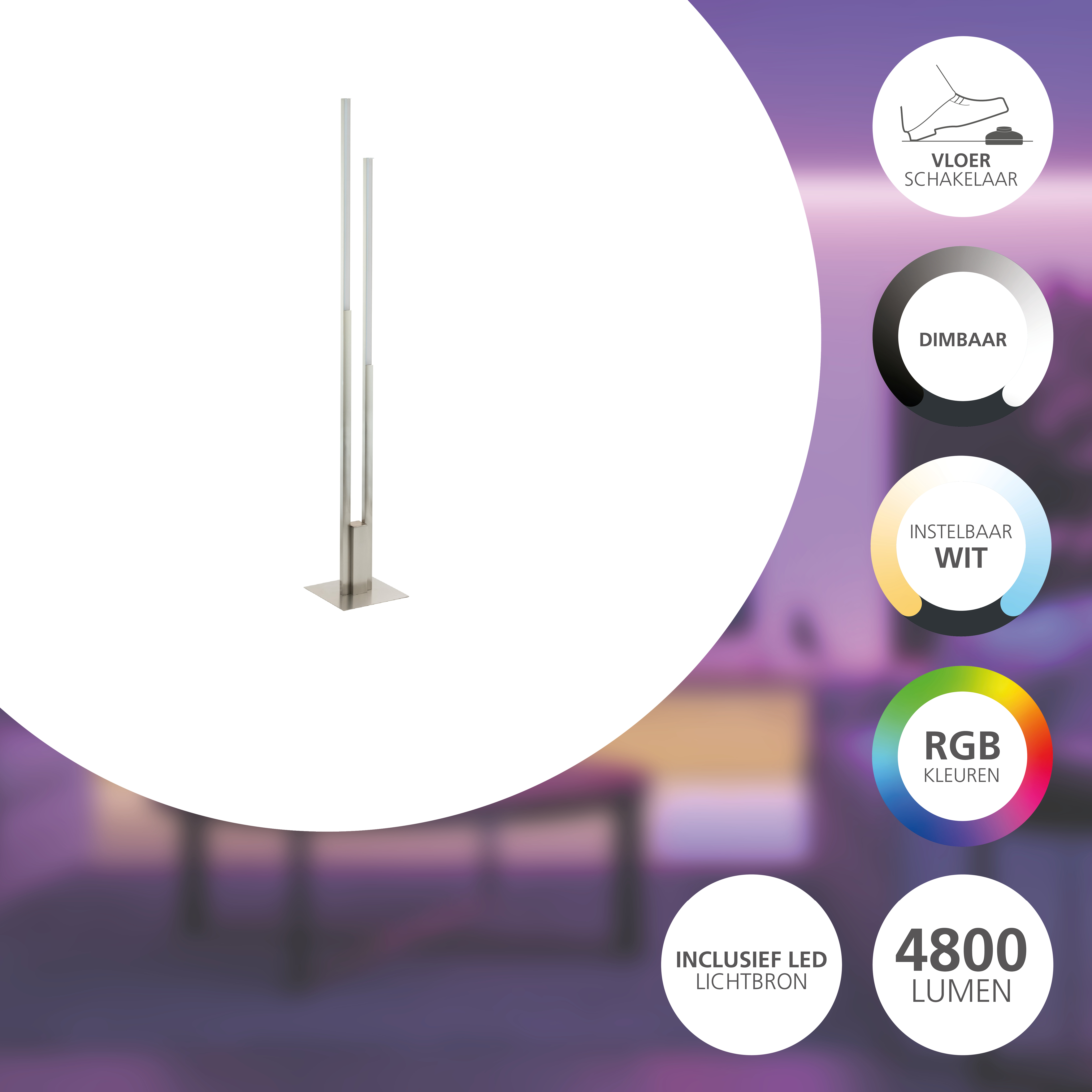 Eine moderne silberne Stehlampe mit zwei Lichtsäulen. Merkmale sind dimmbar, einstellbares weißes Licht und RGB-Farben.