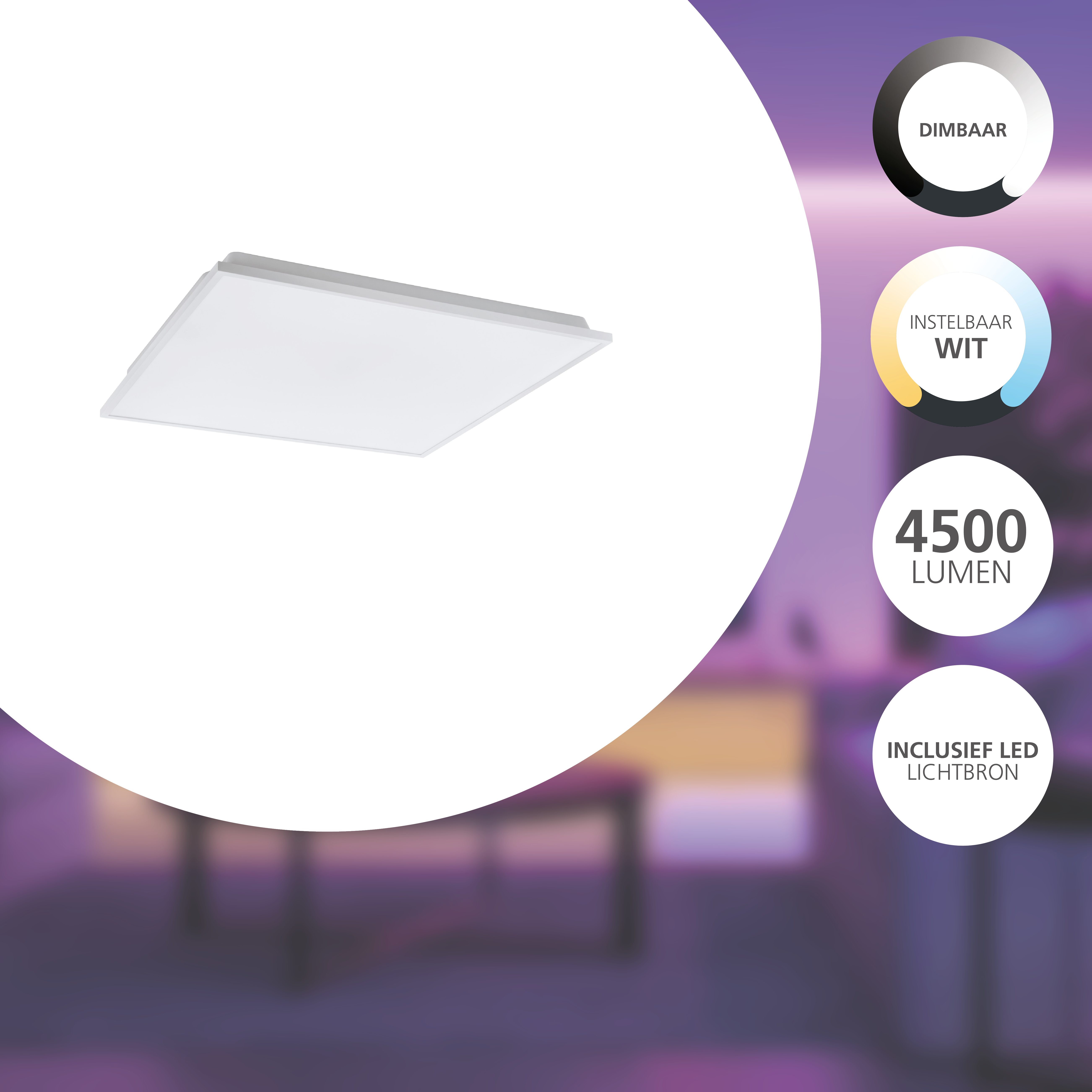 Eine weiße quadratische LED-Deckenleuchte. Der Hintergrund hat einen lila-orangen Farbverlauf mit weißen Textkreisen.