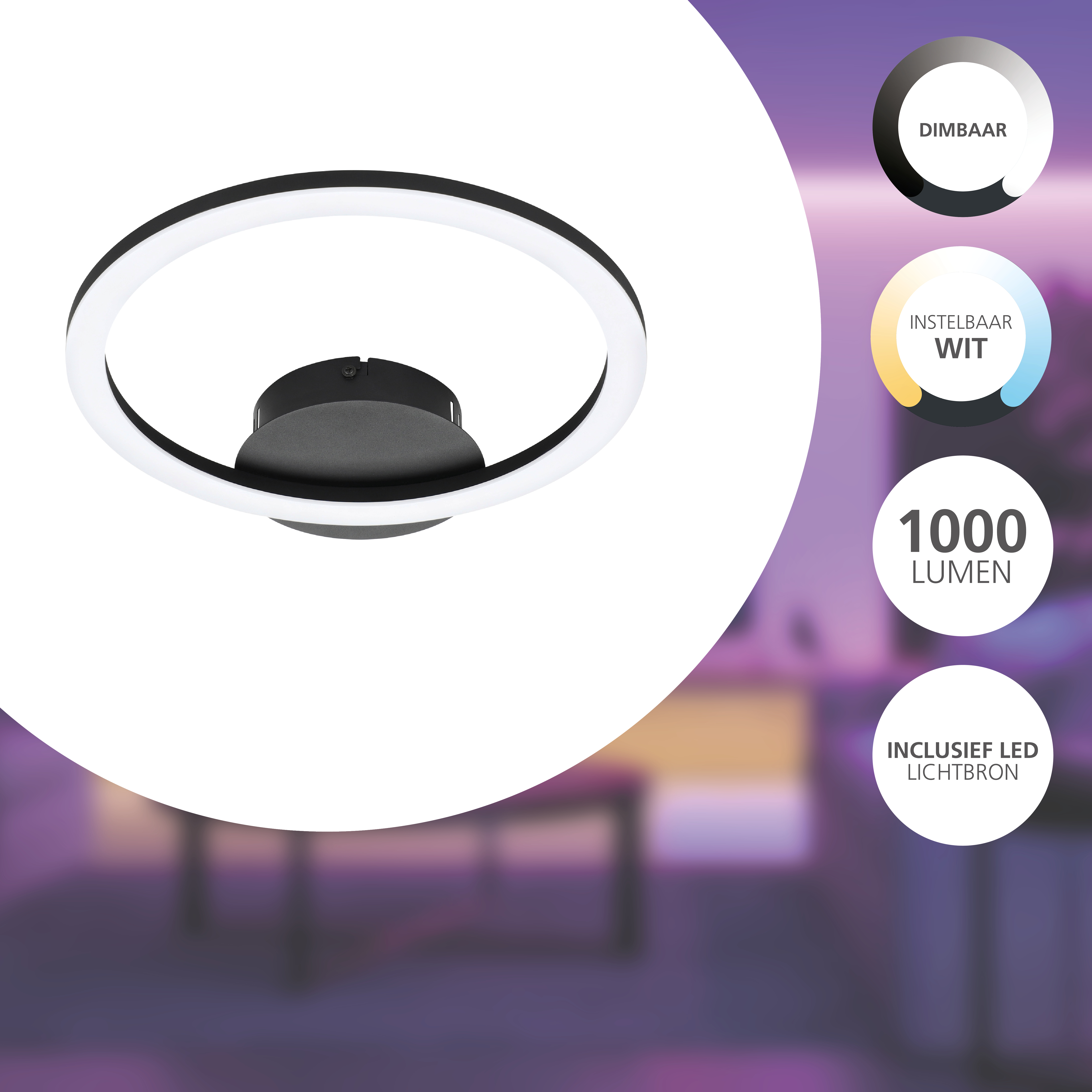 Una moderna plafoniera a LED circolare. Ha una base nera e un anello bianco luminoso. Sfondo sfocato.