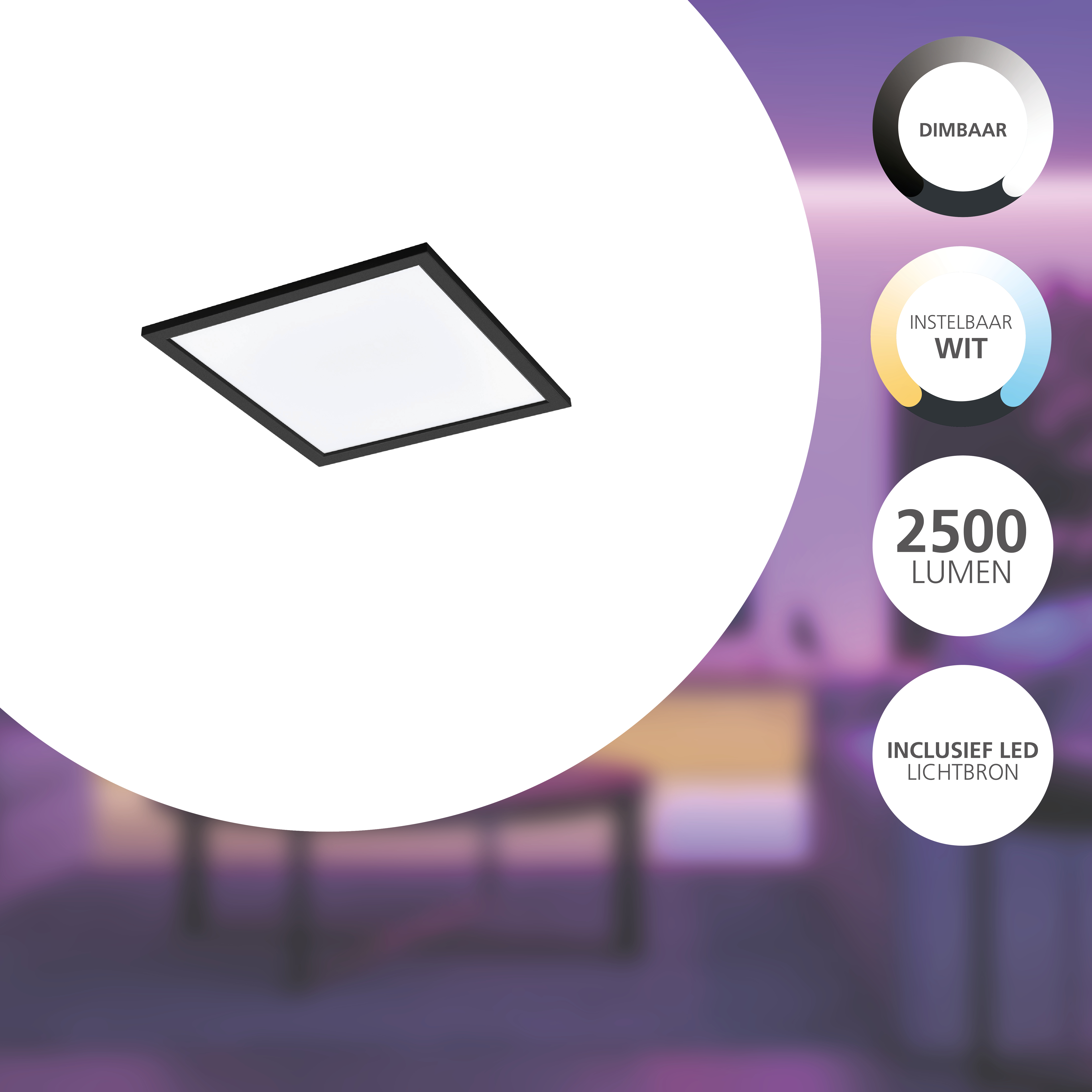 Lampada da soffitto quadrata con cornice nera. Cerchi informativi a destra: dimmerabile, bianco regolabile, 2500 lumen, sorgente luminosa LED inclusa.