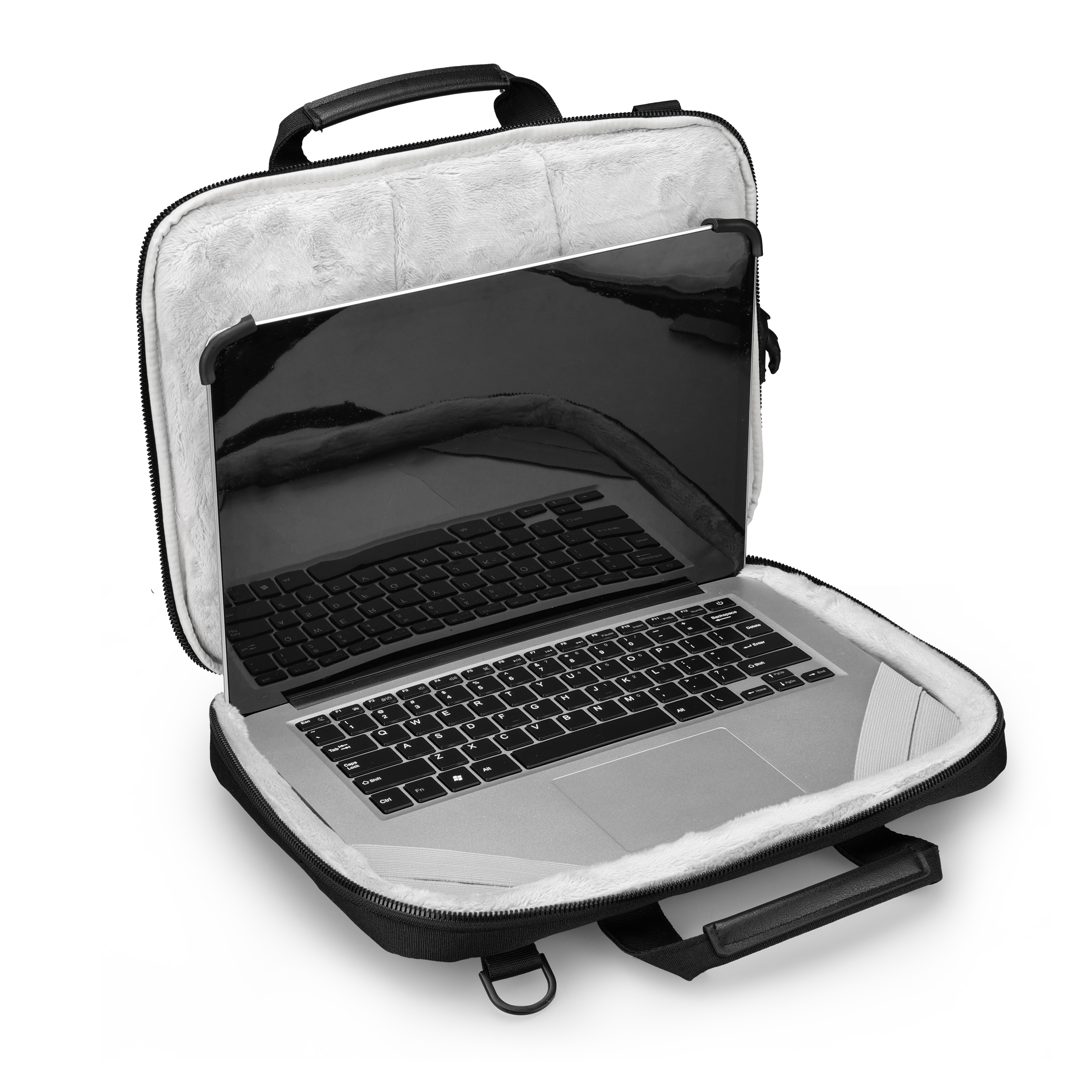 Un laptop in una custodia nera aperta con interno bianco soffice, su sfondo bianco.