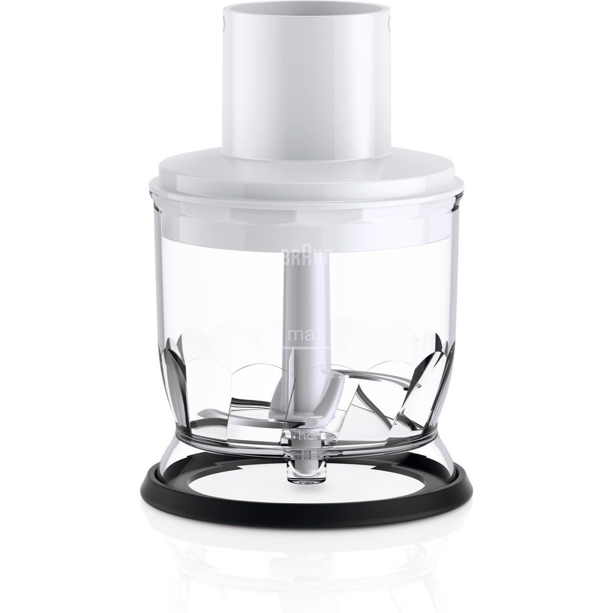 Un robot da cucina bianco e trasparente. Ha un motore bianco, una ciotola trasparente e una base nera. Lame visibili all'interno.