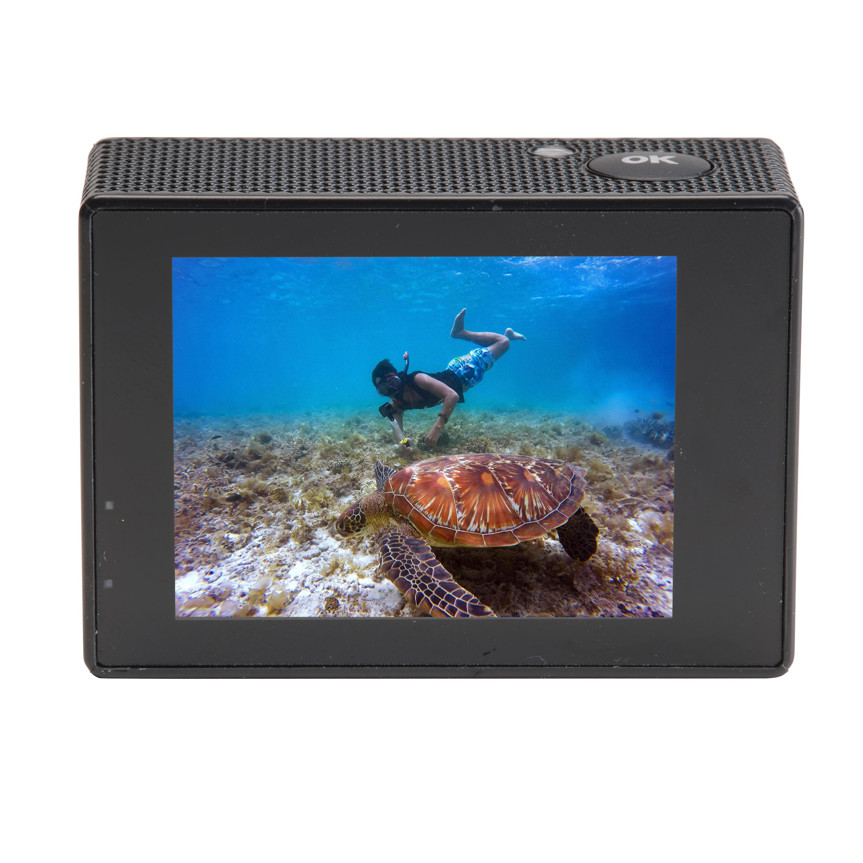 Nurek pływa w pobliżu żółwia morskiego pod wodą, widoczne na ekranie czarnego aparatu.