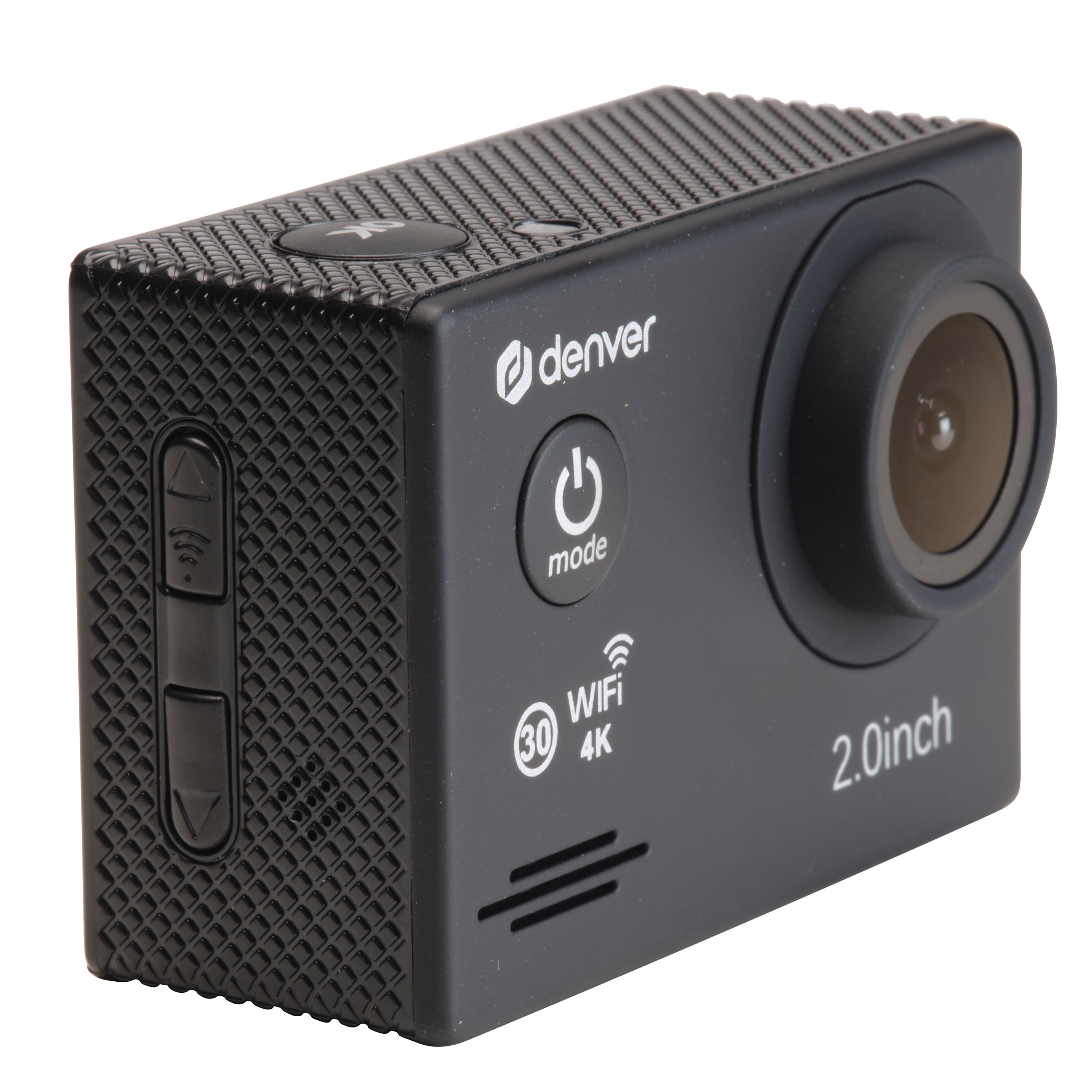 Czarna kamera sportowa z obiektywem, przyciskiem zasilania i tekstem. Kamera jest na białym tle.