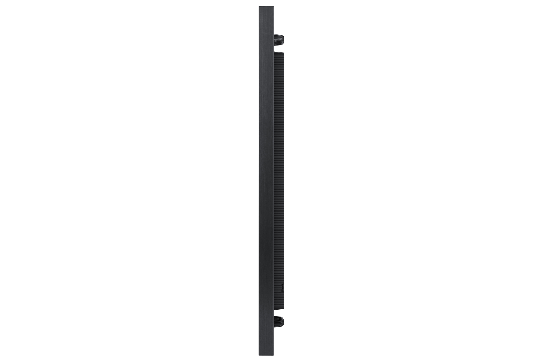Vista laterale di un display nero. Ha una superficie a coste a destra e una cornice liscia. Lo sfondo è bianco.