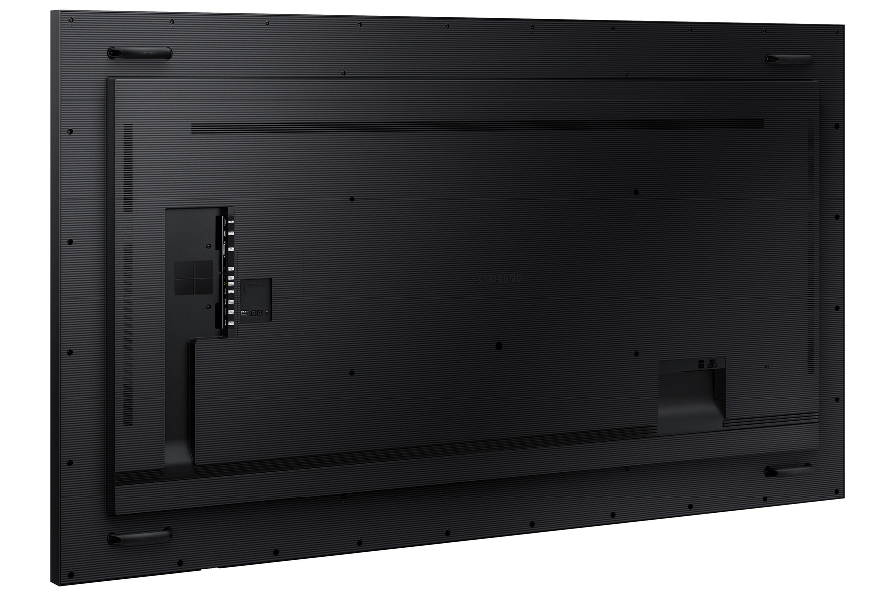 Vista posteriore di un grande display Samsung nero. Presenta porte, punti di montaggio e superficie strutturata.