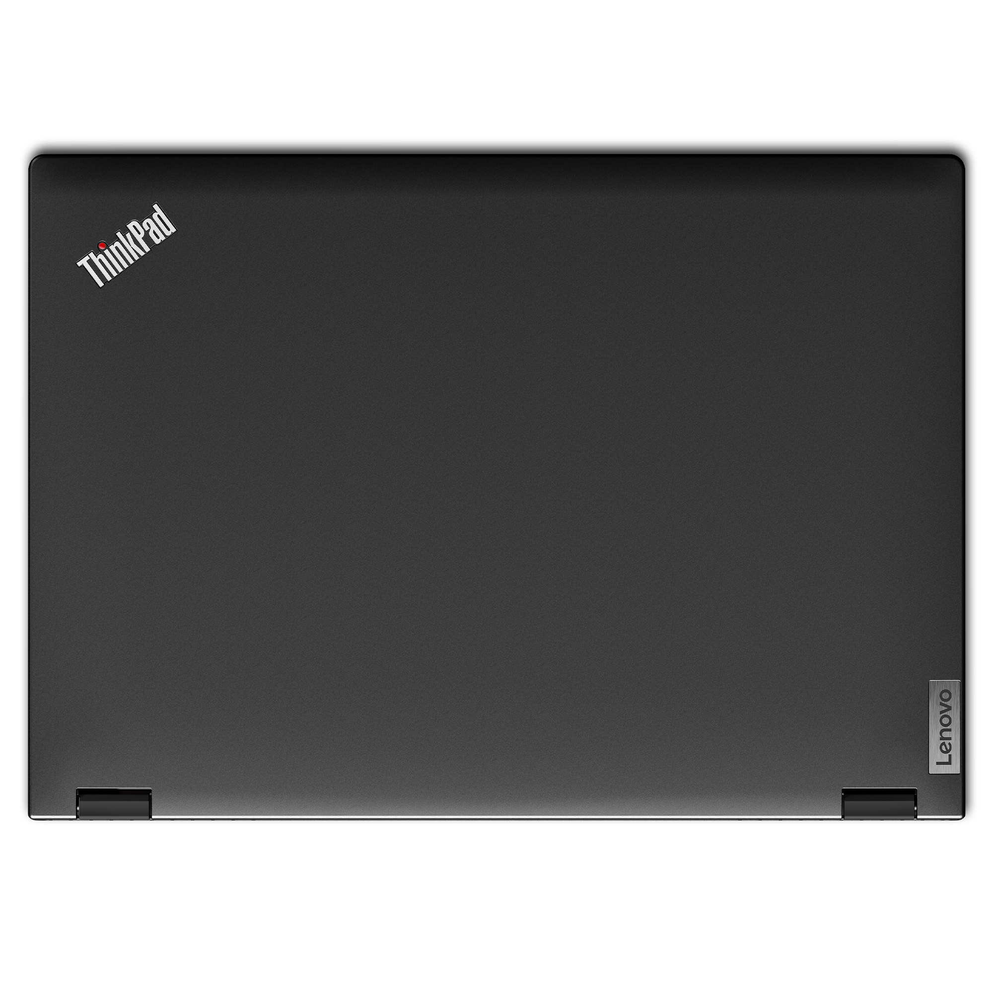 Kapalı siyah bir Lenovo ThinkPad dizüstü bilgisayar, yukarıdan görünüm, ThinkPad ve Lenovo logoları.