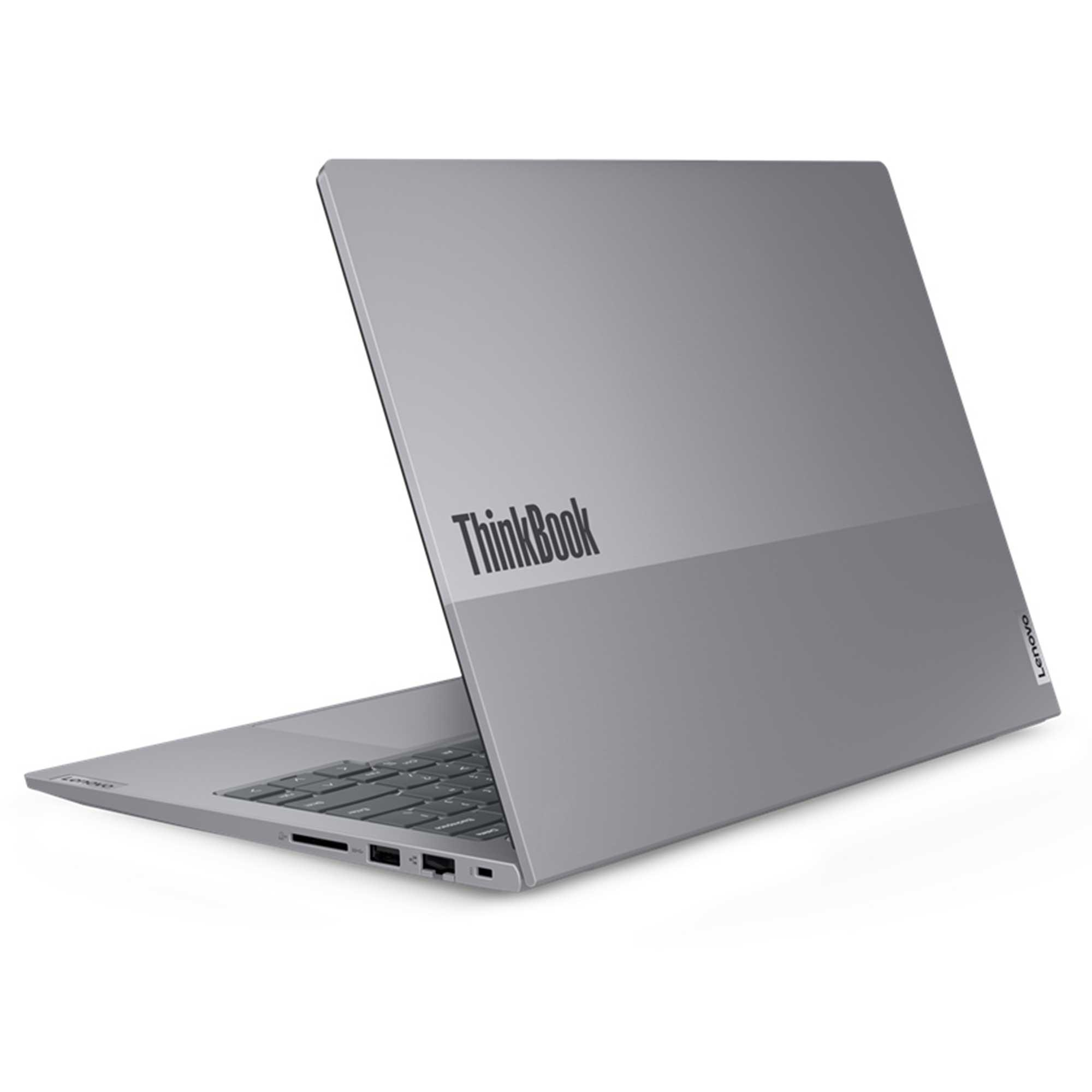 Gri bir ThinkBook dizüstü bilgisayar, beyaz bir yüzeyde hafifçe açık. Lenovo logosu görünür.