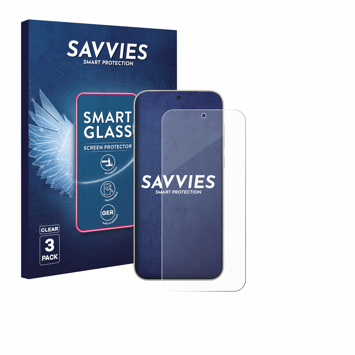 Eine Verpackung für einen Bildschirmschutz mit einem Telefon und einem Schutz. Auf der Box steht 'SAVVIES' und 'SMART GLASS'.