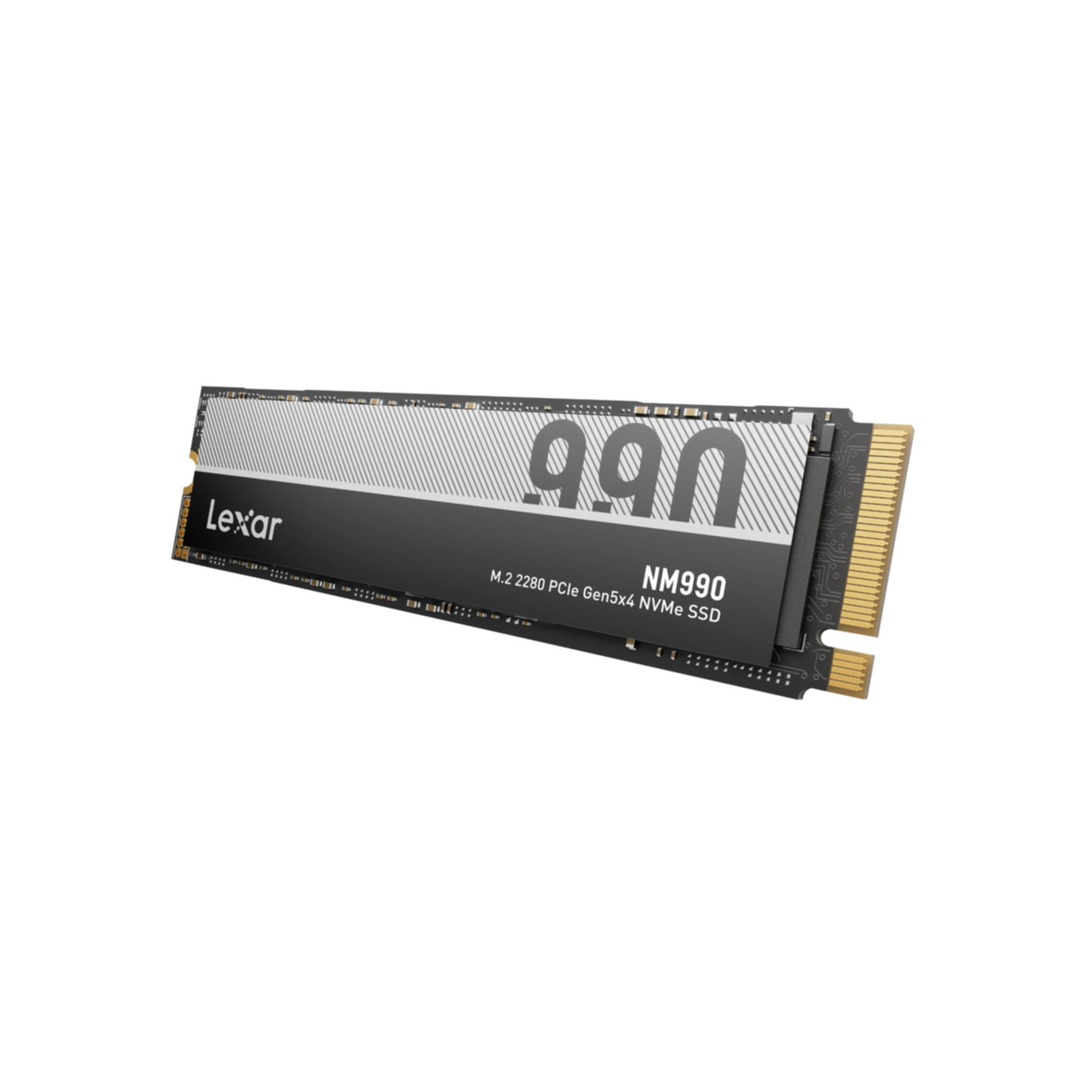 Lexar NM990 NVMe SSD. Czarny i szary dysk SSD M.2 z logo Lexar i nazwą modelu 990, wyizolowany na białym tle.