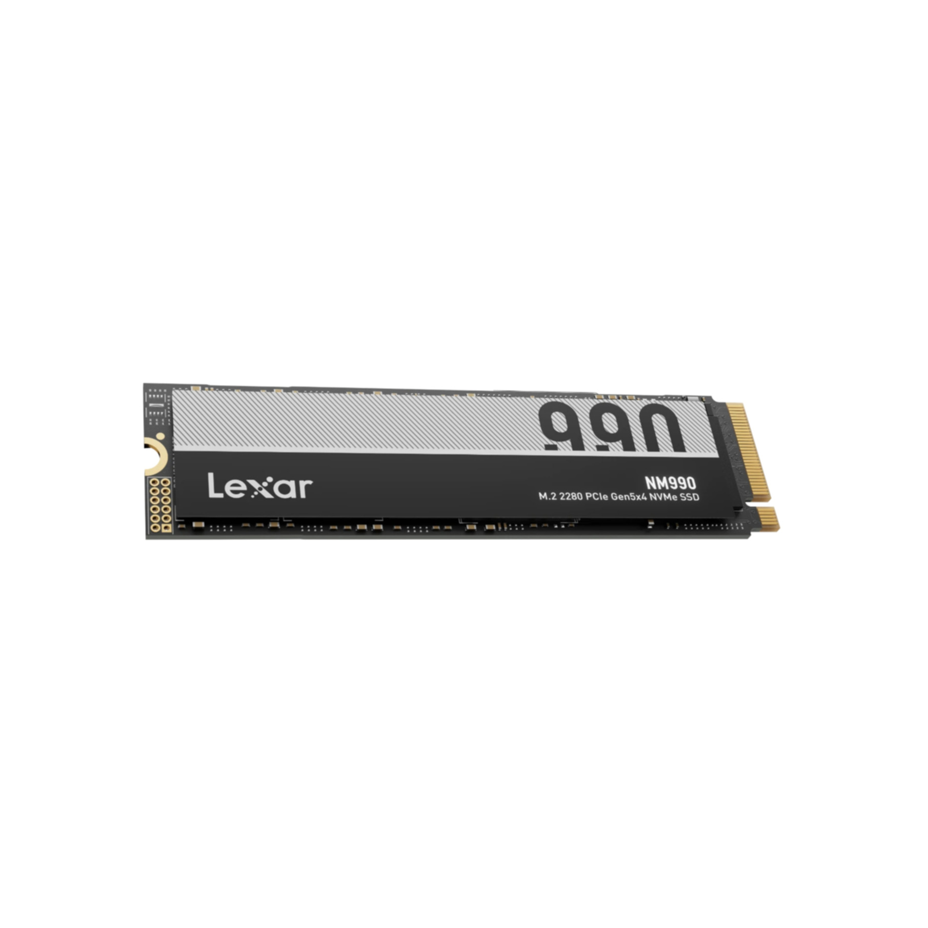 Lexar NM990 M.2 2280 PCIe Gen5x4 NVMe SSD. Czarny i srebrny SSD ze złotymi złączami, białe tło.