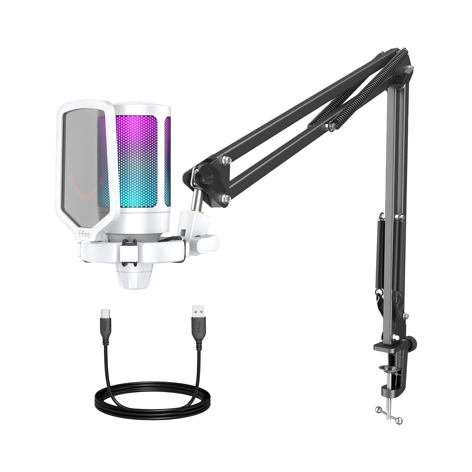 Een witte microfoon met regenboogverlicht interieur, zwarte arm en USB-kabel tegen een witte achtergrond.