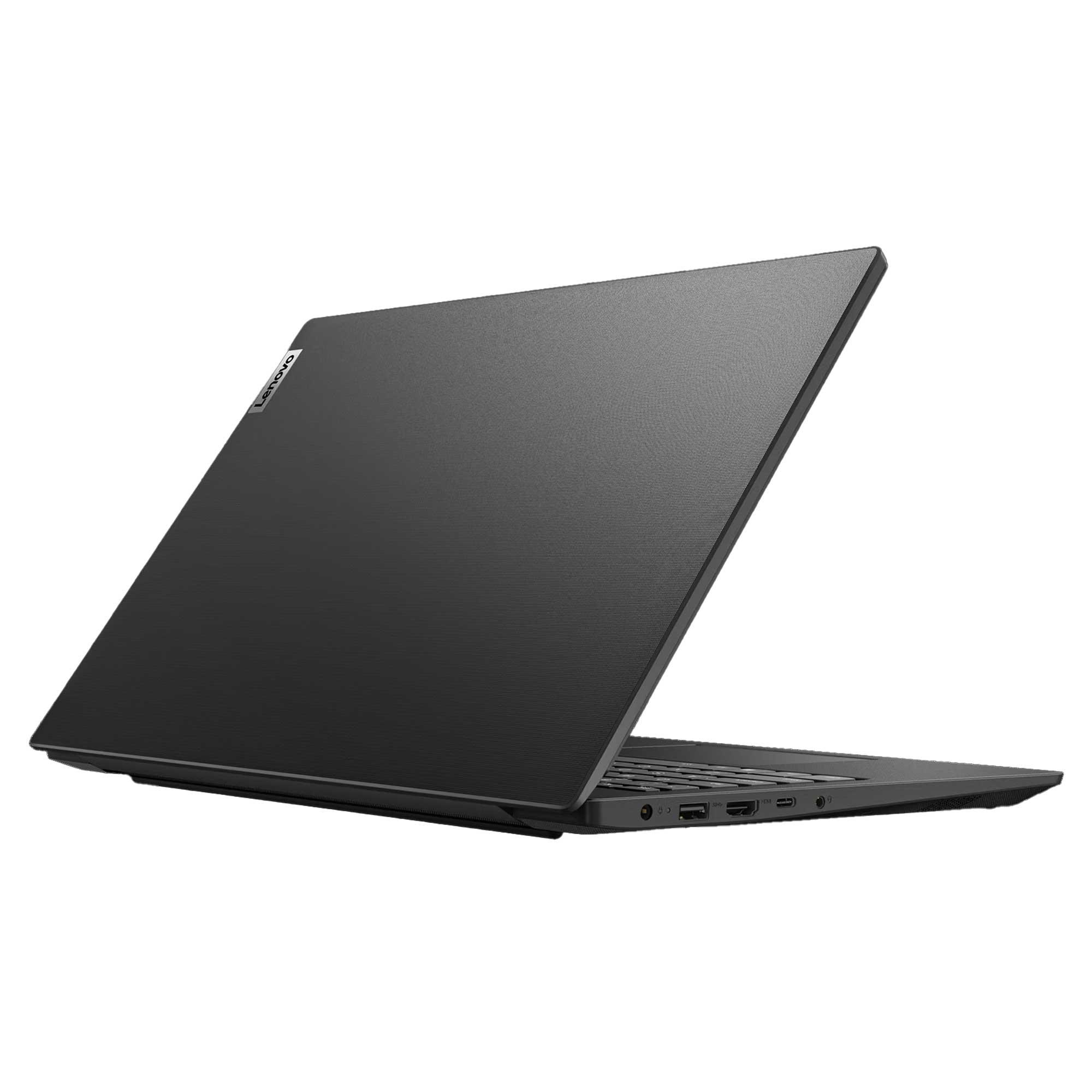 Siyah Lenovo dizüstü bilgisayar, hafifçe açık, açılı görünüm. Ekran ve kapak görünür. Yan tarafta bağlantı noktaları. Beyaz arka plan.